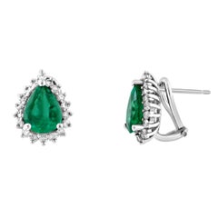 5 Ct Pear Shape Emerald & 1 Ct Diamond French Clip Earrings 14 Karat White Gold
