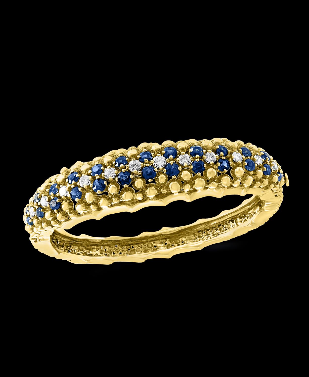 Round Cut 5 Carat Sapphire and 1.5 Carat Diamond Cuff Bangle Bracelet in 18 Karat Gold For Sale