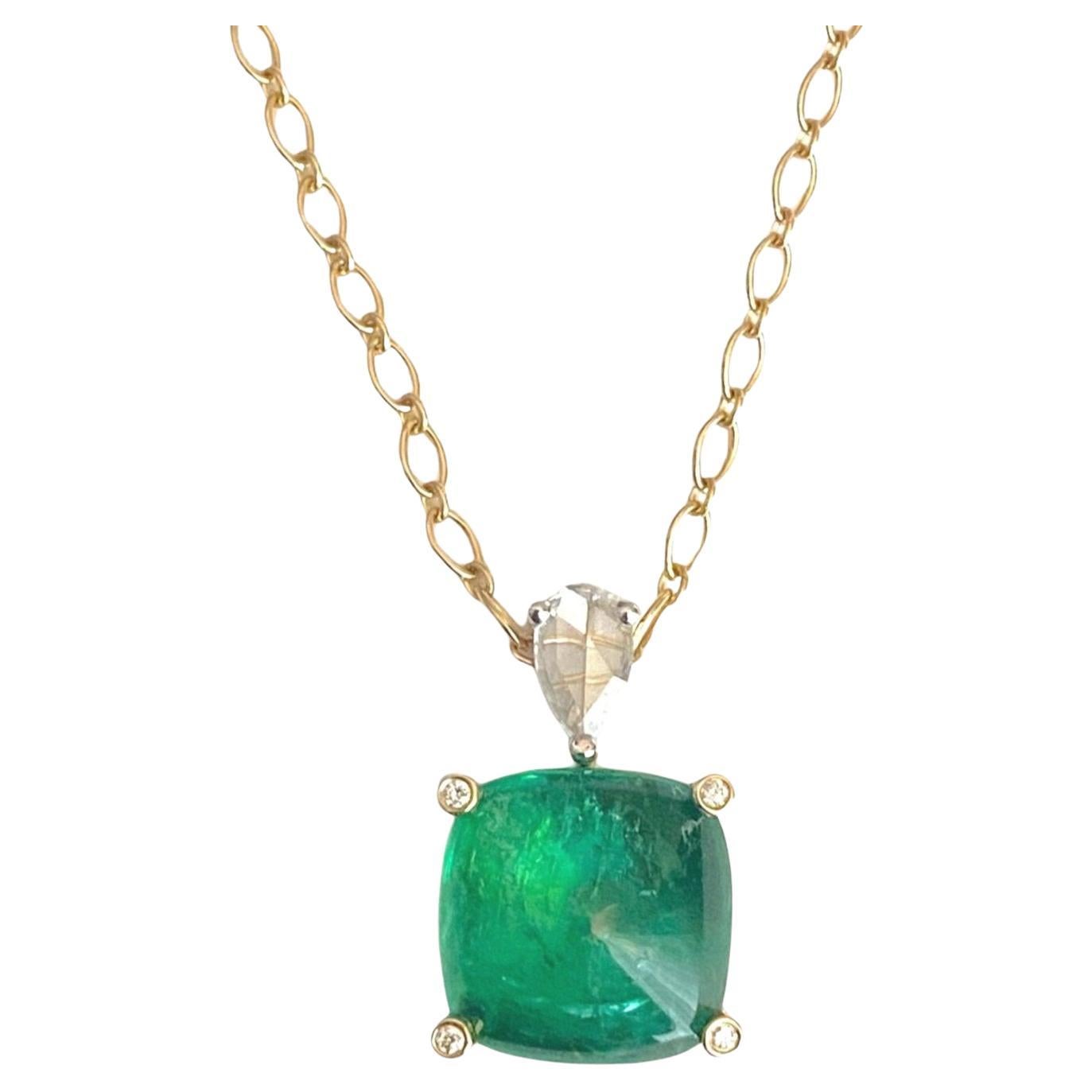 5 ct Sugarloaf Emerald drop necklace with Rose Cut and Brilliant Cut Diamonds For Sale