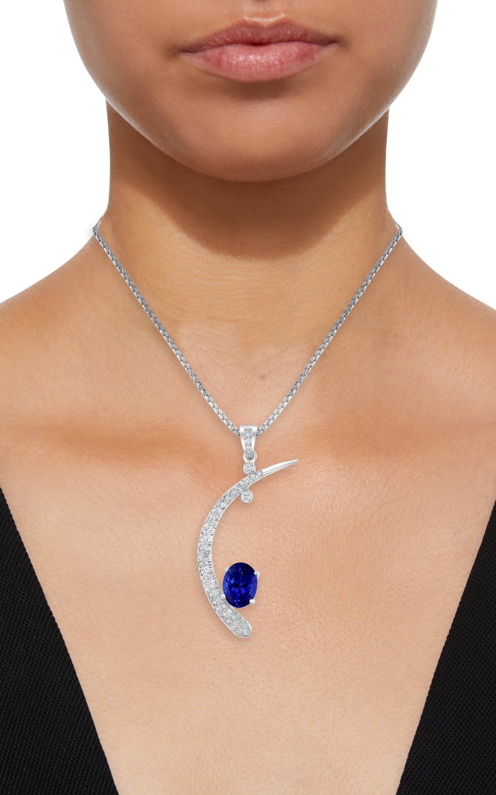 Oval Cut 5 Carat Tanzanite and 1.2 Ct Diamond Half Moon Pendant or Necklace 18 Karat Gold