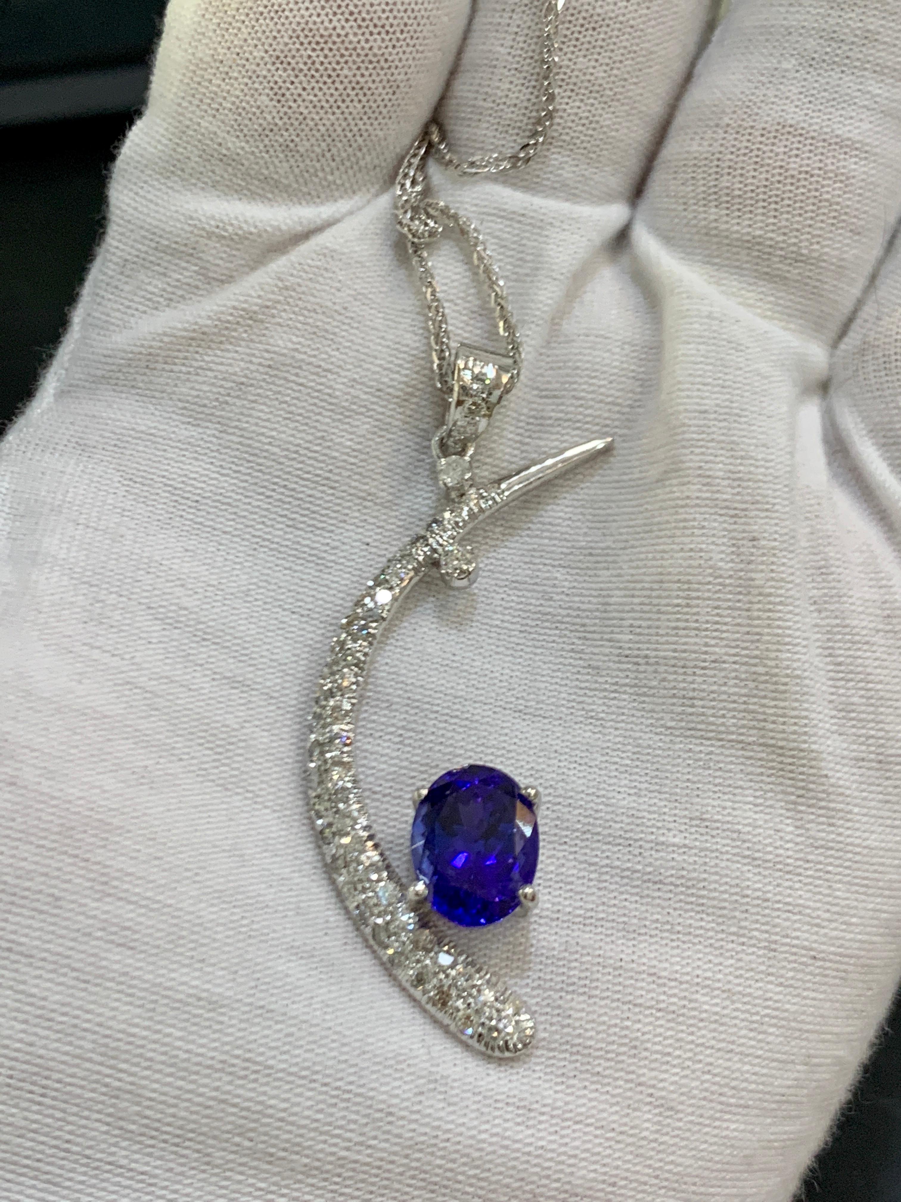 5 Carat Tanzanite and 1.2 Ct Diamond Half Moon Pendant or Necklace 18 Karat Gold 1