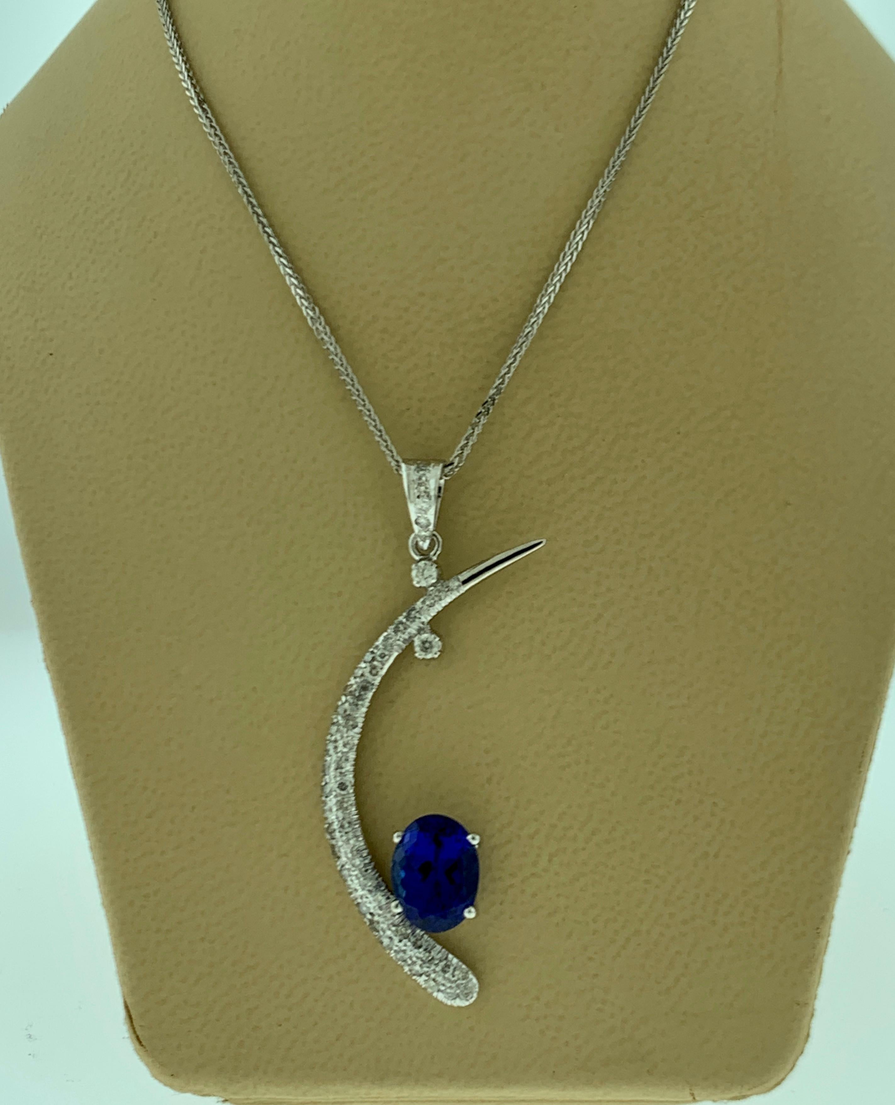 5 Carat Tanzanite and 1.2 Ct Diamond Half Moon Pendant or Necklace 18 Karat Gold 2