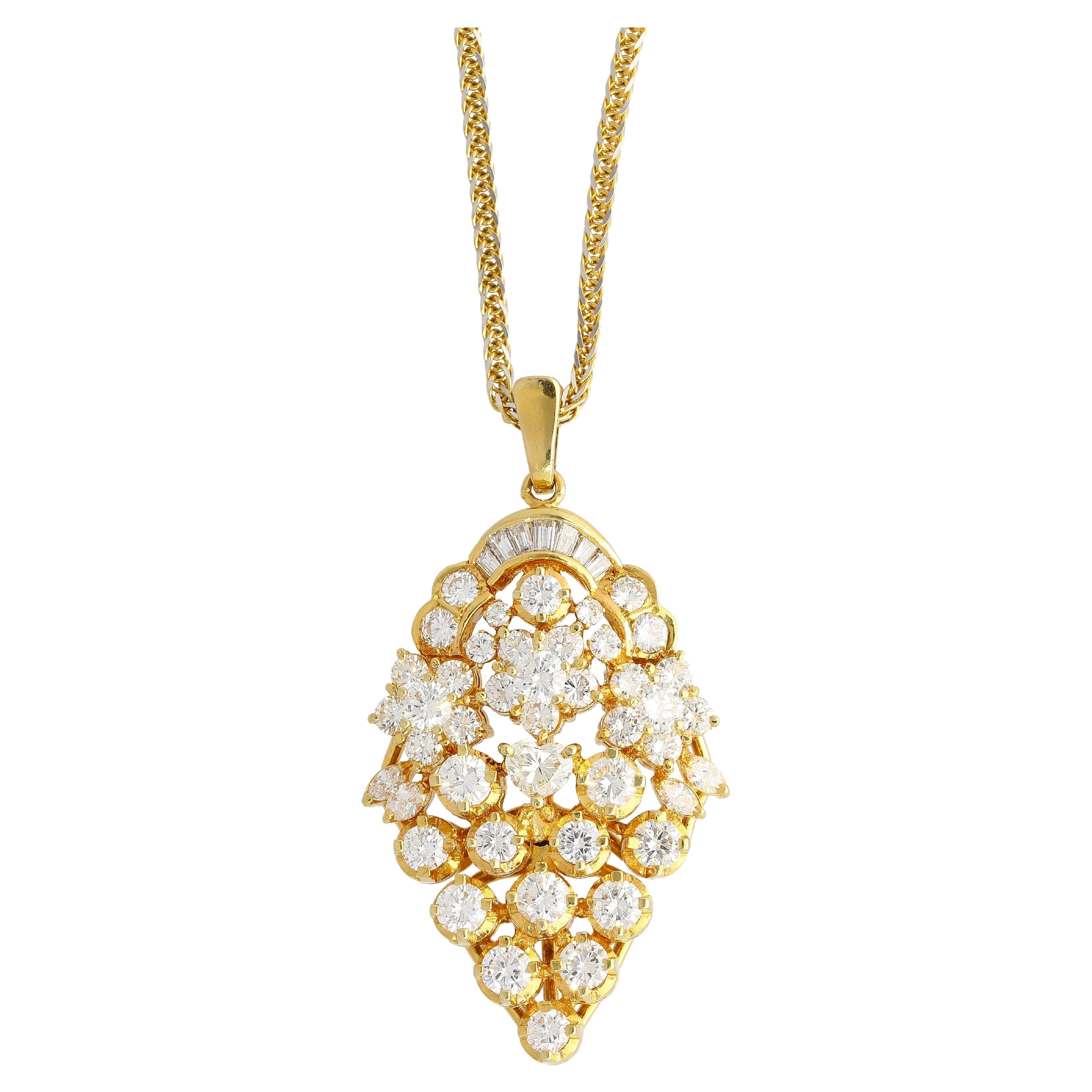 5 CTTW Diamond Cluster Multi Cut Pendant in 18K Yellow Gold Necklace For Sale