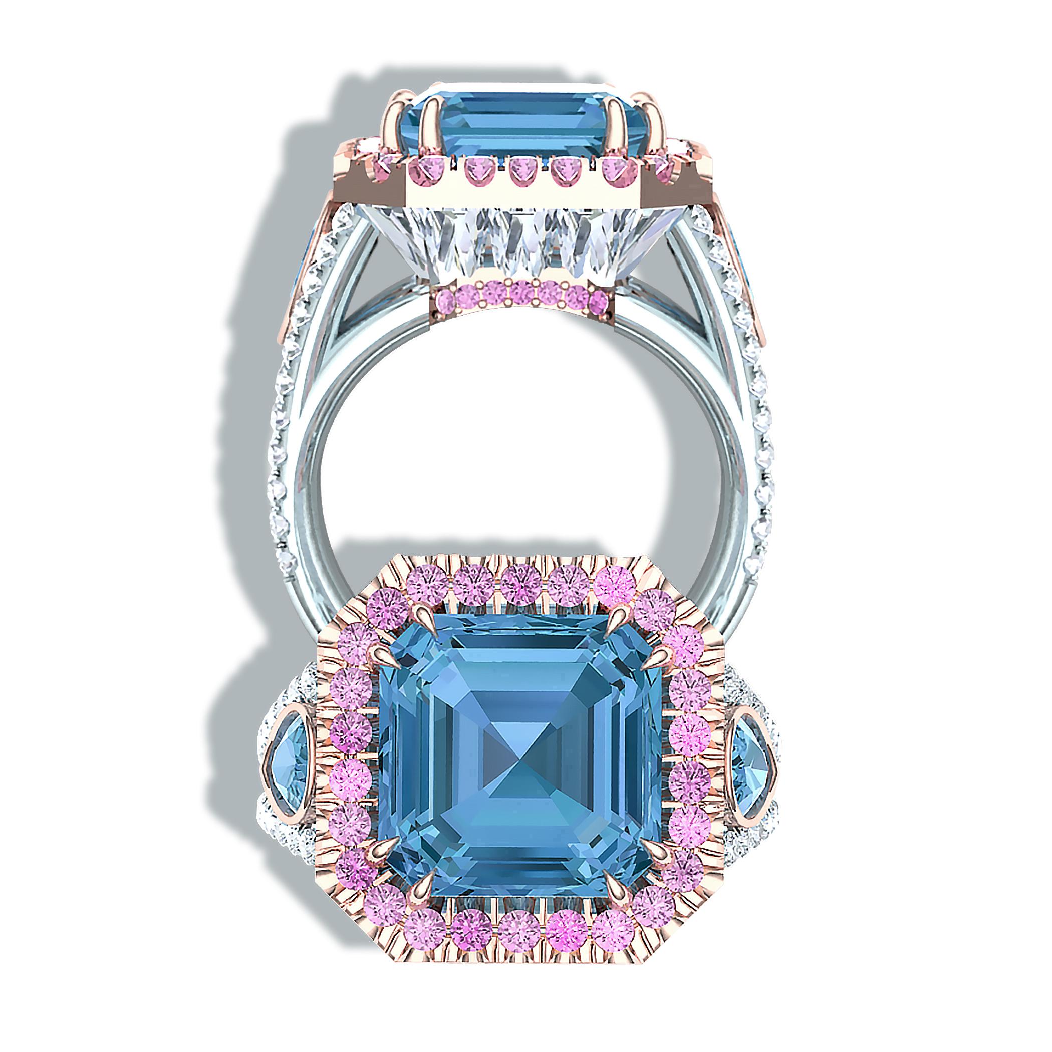 Ein lustiges Paar aus kühlem Aquablau und Pastellrosa wird von strahlend weißen Diamanten akzentuiert.  Dieser Ring hat einen 3-karätigen Asscher-Aquamarin im Sonderschliff.  Dieser Stein enthält eine reine und saubere blaue Farbe mit VS Klarheit. 