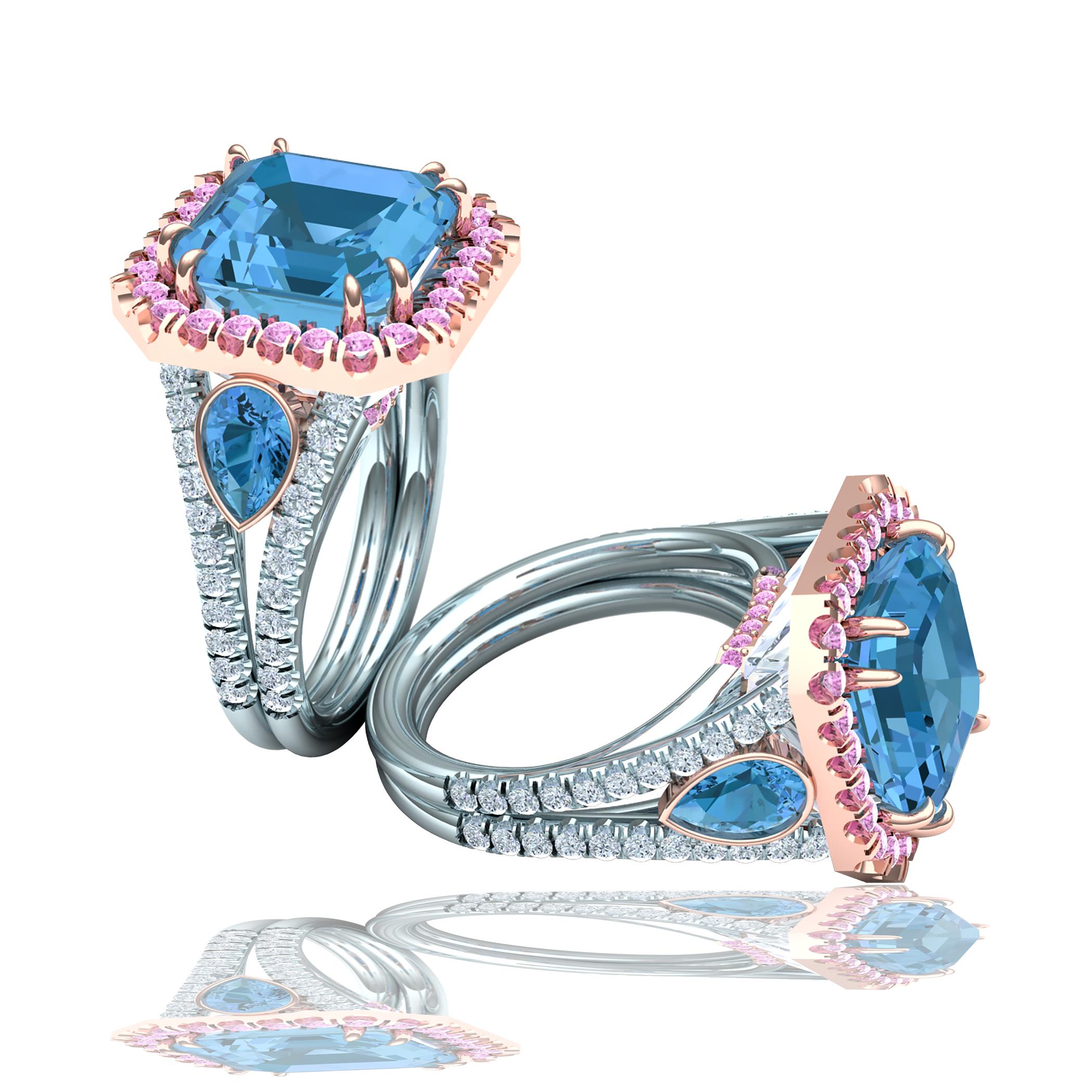 5 CTW. Cocktailring mit Aquamarin und rosa Saphir und Diamant (Asscher-Schliff) im Angebot