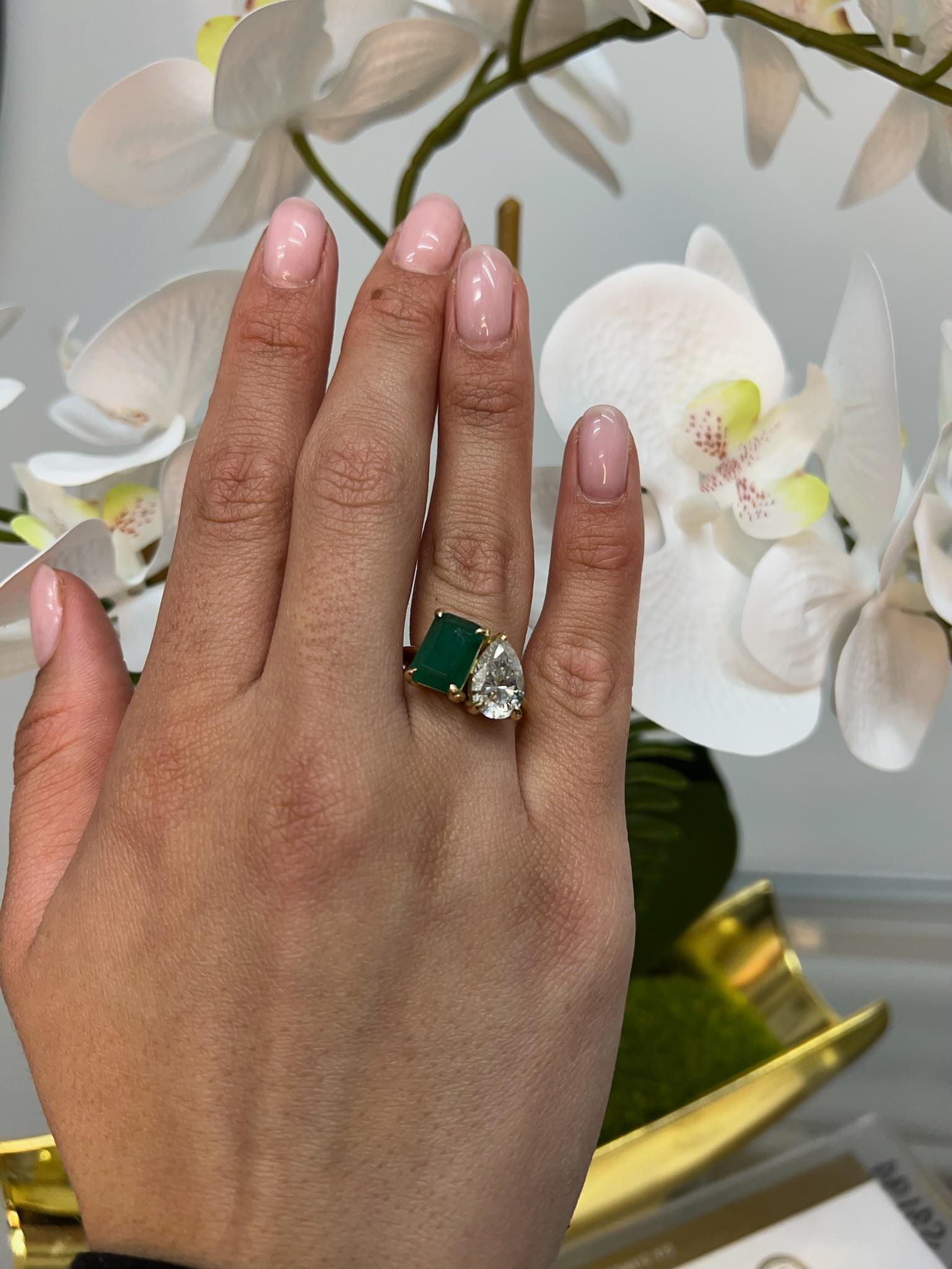 5 C.T.W Green Emerald & Pear Cut Diamond Engagement Ring in 14K Yellow Gold For Sale 1