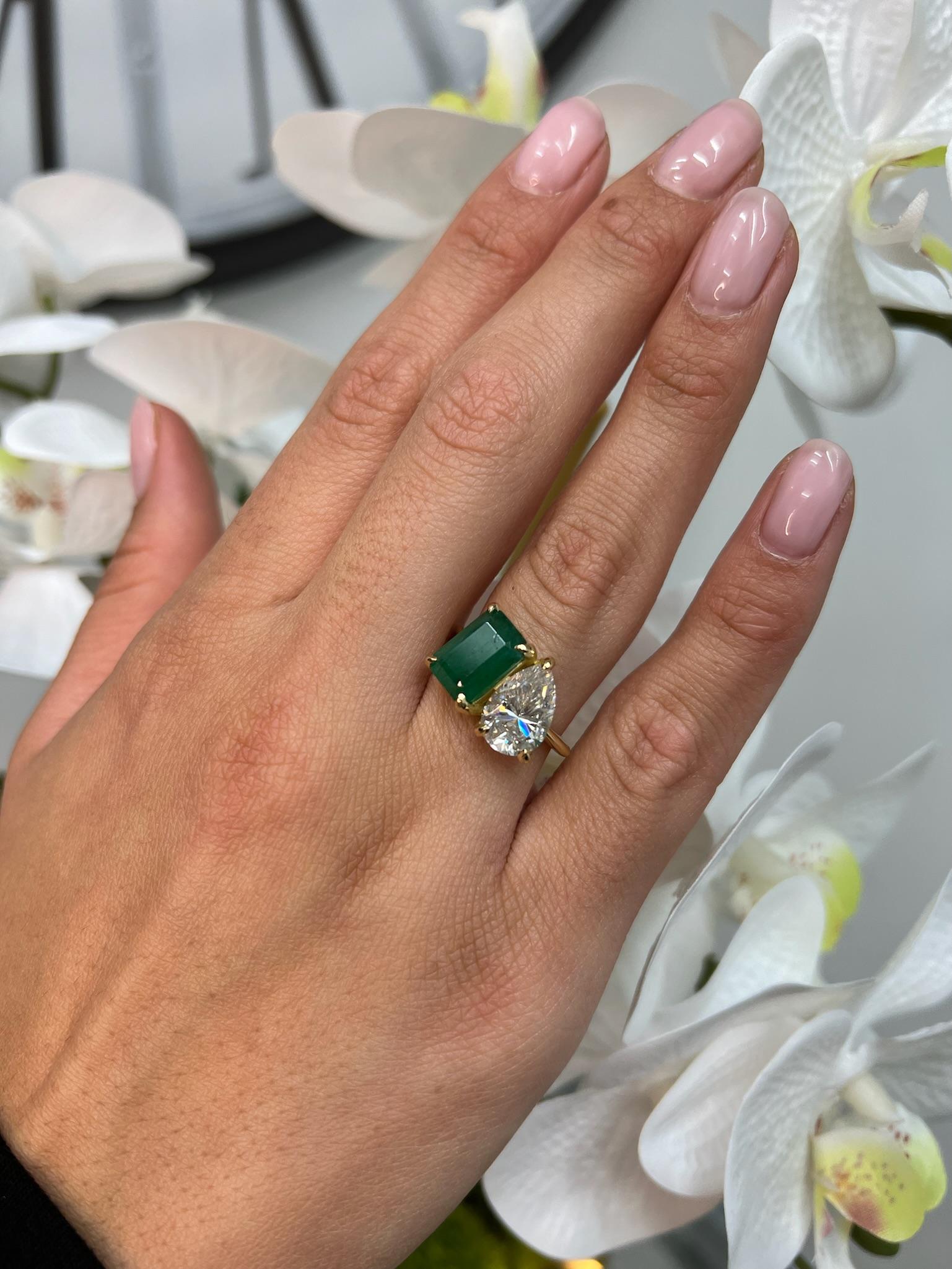 5 C.T.W Green Emerald & Pear Cut Diamond Engagement Ring in 14K Yellow Gold For Sale 2