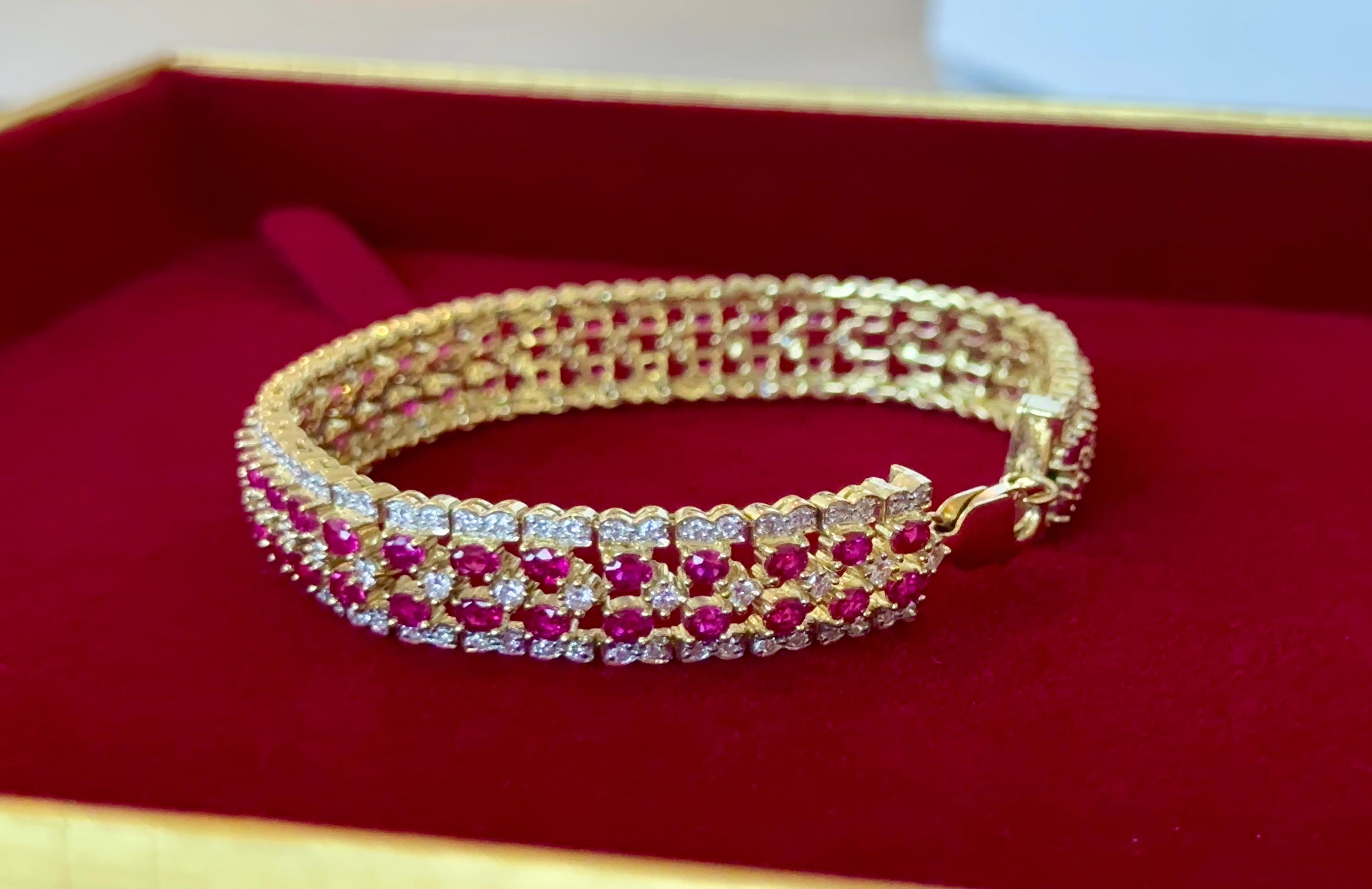 Metal: clap is 14K solid gold, the remaining is 18K solid gold. 
Bracelet length: 7 inches.
Natural Ruby weight: approx. 5.00 ctw.
Natural Diamond weight: approx. 2.5 ctw.
Diamond color: H-I.
Diamond clarity: SI1-SI2.
Total weight: 36.66 grams.