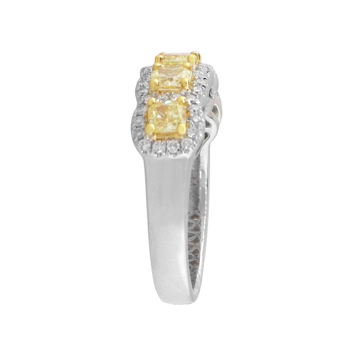Material: 18k white gold
Cushion Diamond Details: Approx. 1.15ctw of Cushion cut diamonds. Diamonds are Fancy Yellow in color and VS in clarity
Round Diamond Details: Approx. 0.35ctw of round cut diamonds. Diamonds are G/H in color and VS in
