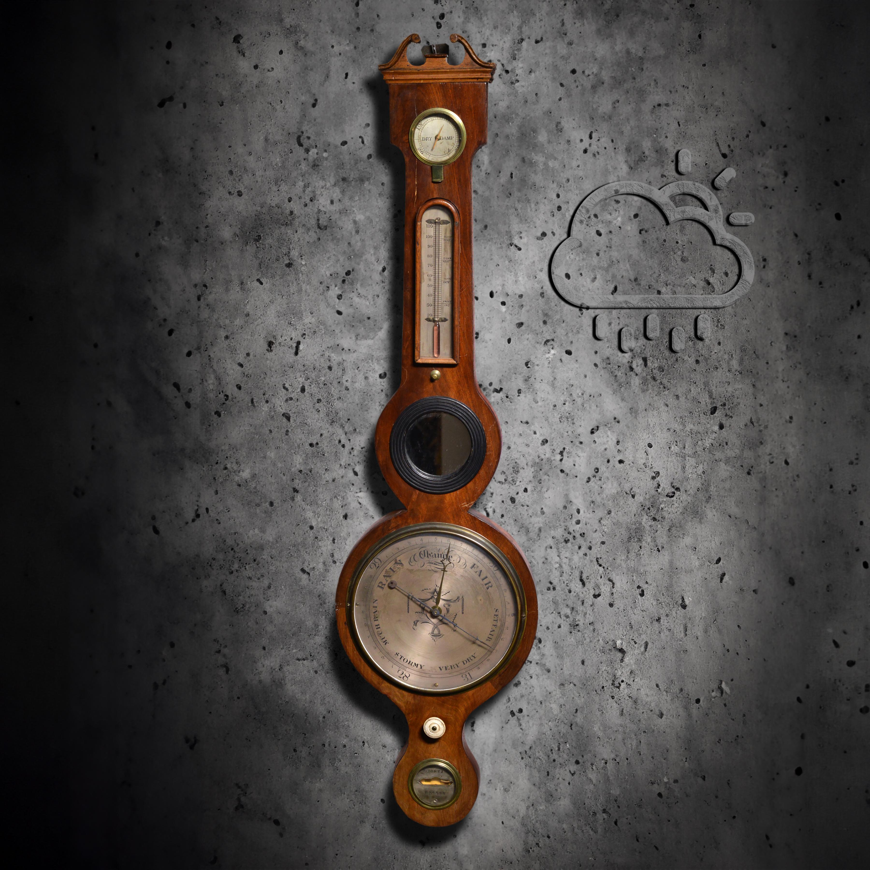 Literally “Weather Station” (known as a '5 dial' type wheel barometer) incorporates, wheel Barometer with silvered barometer dial finely engraved, encased in a cast bezel and covered with a convex glass, a silvered Fahrenheit alcohol thermometer in