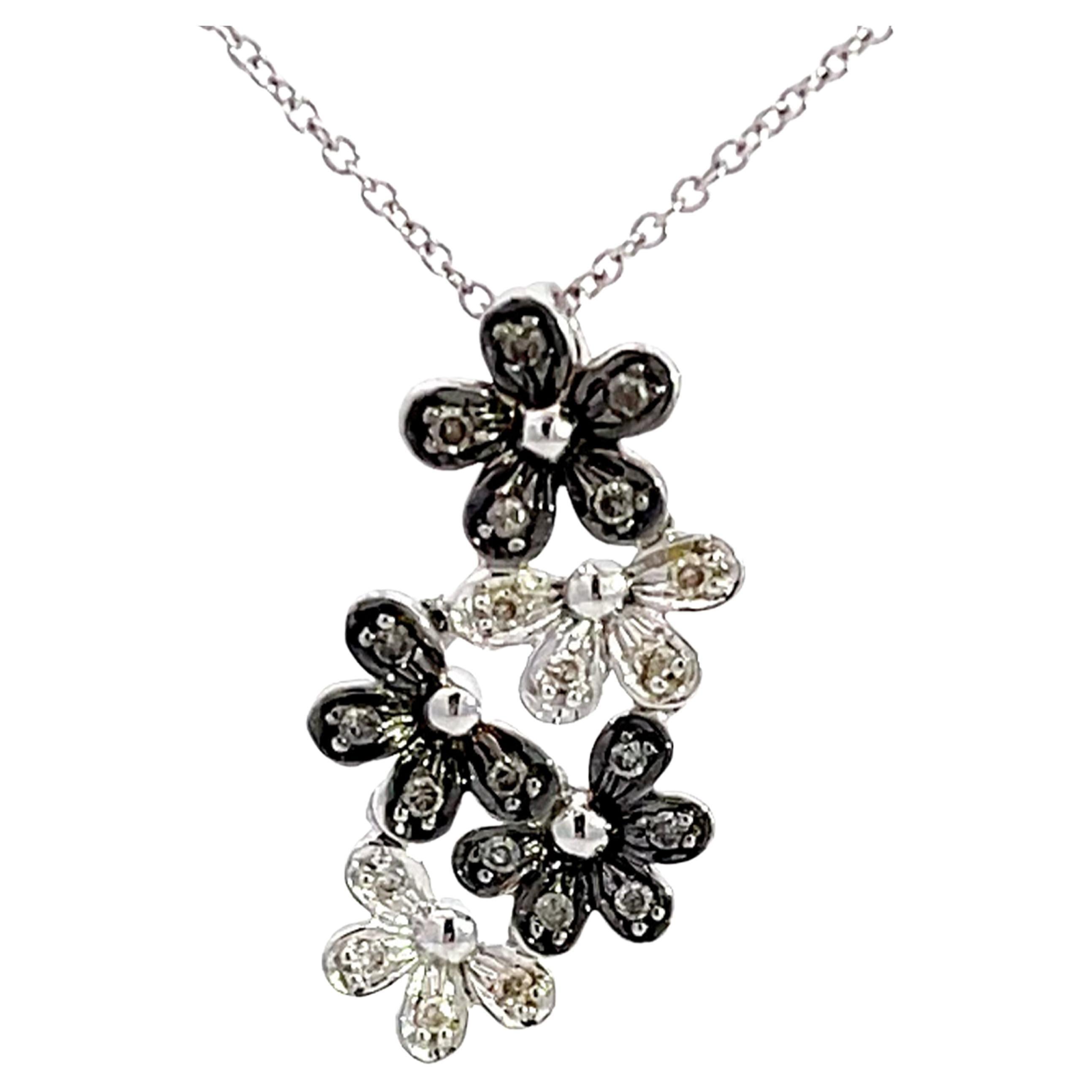 5 Diamond Flower Pendant Necklace in 14k White Gold For Sale