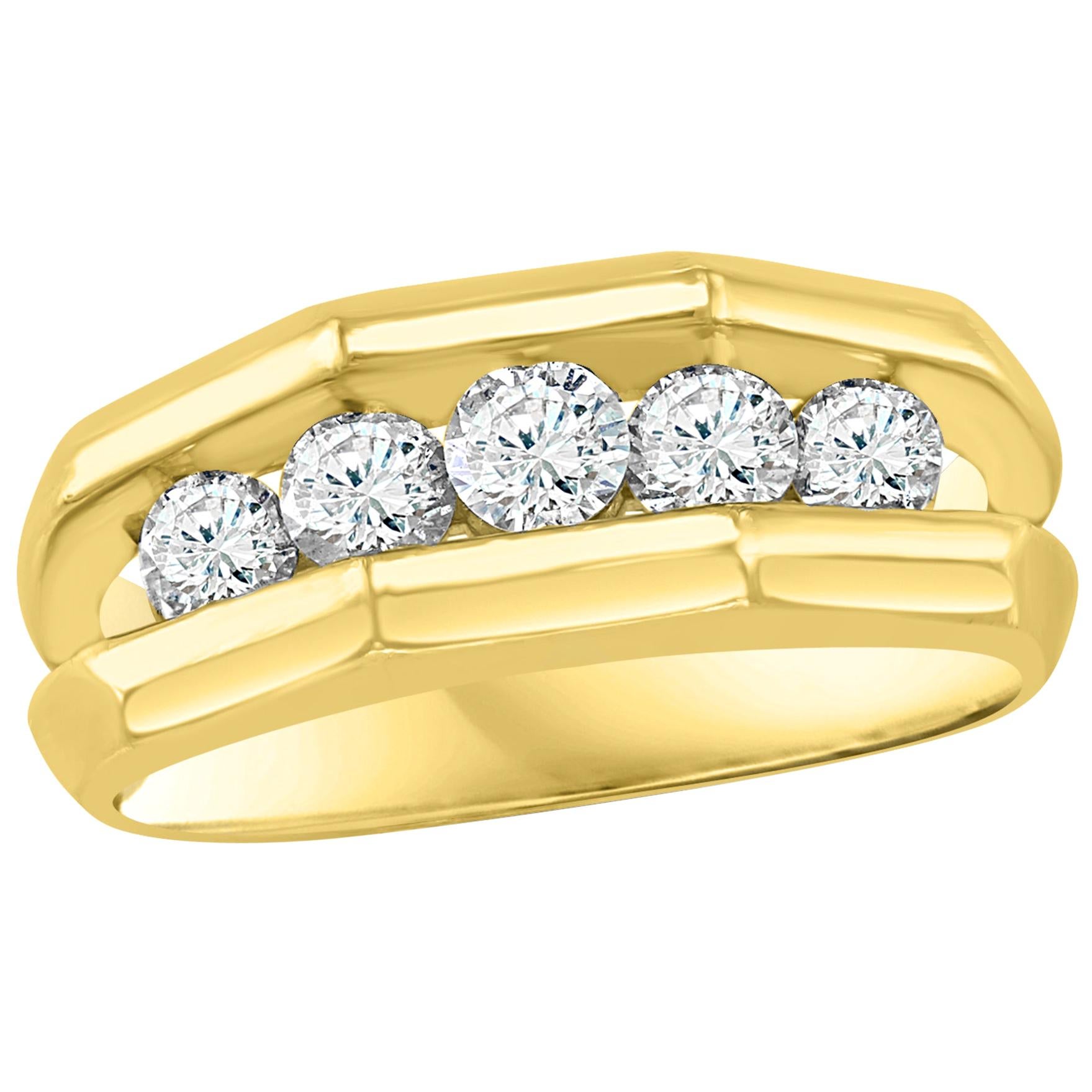 Bague unisexe à 1 rangée de diamants en or jaune 14 carats et 5 diamants de 1 carat