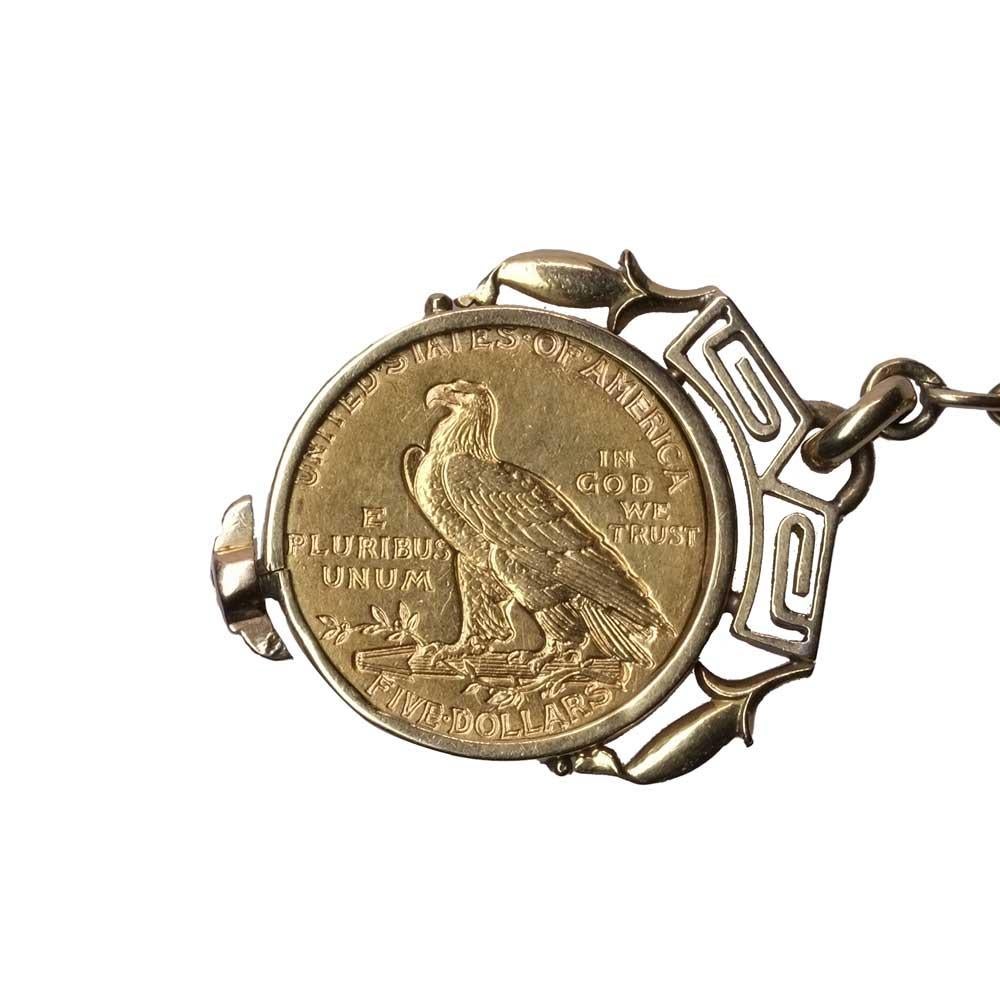 Femenino o masculino Cadena de reloj de moneda de oro de 5 dólares de 1910 18ct en venta