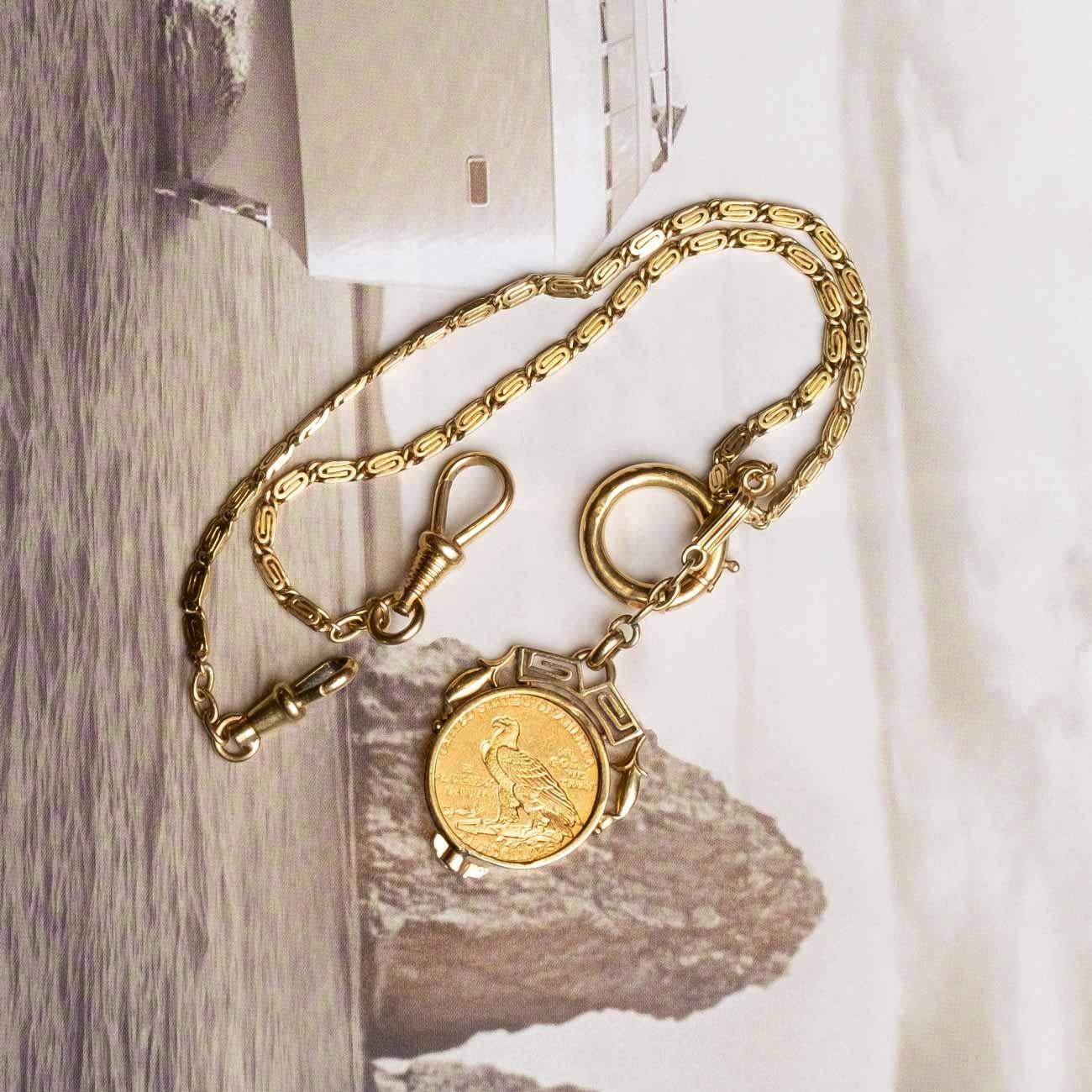 Cadena de reloj de moneda de oro de 5 dólares de 1910 18ct en venta 1