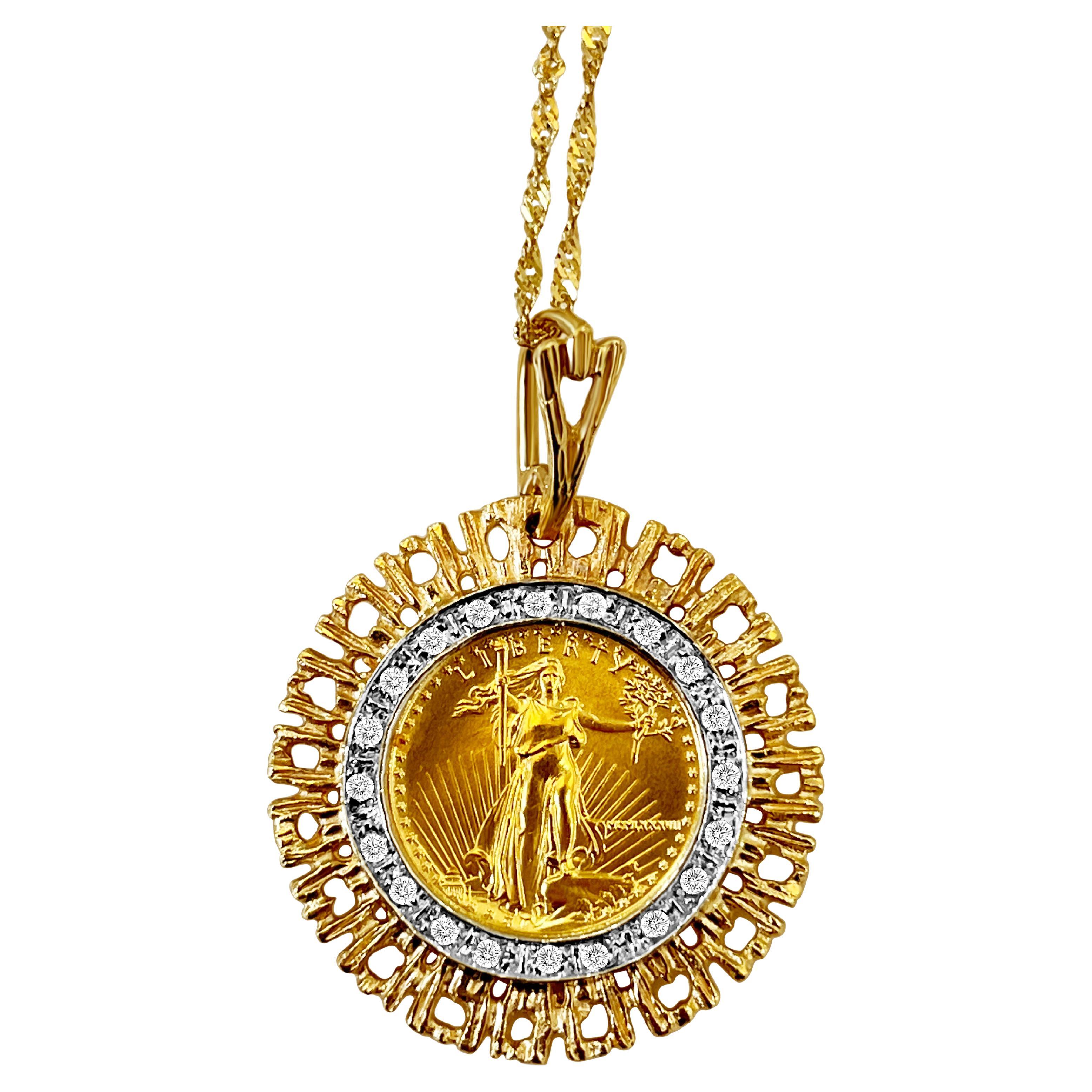 5 Dollar Lady Liberty 22k Gold and Diamond Pendant Necklace For Sale