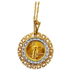5 Dollar Lady Liberty 22k Gold and Diamond Pendant Necklace