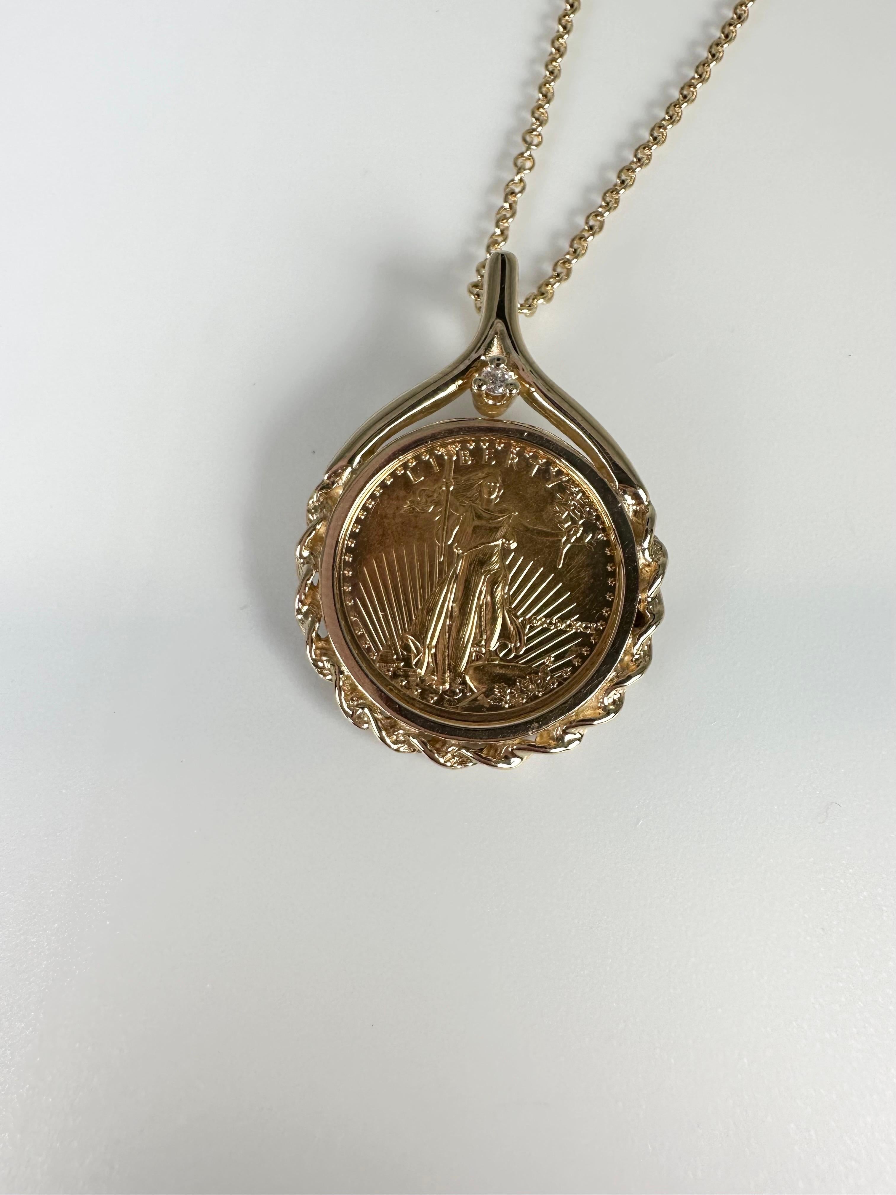 Unique gold pendant in 14KT yellow gold weighing 6.20 grams, a 5$ liberty coin pendant necklace. Chain is 18 inches long! (AKA)

WHAT YOU GET AT STAMPAR JEWELERS:
Stampar Jewelers, located in the heart of Jupiter, Florida, is a custom jewelry store