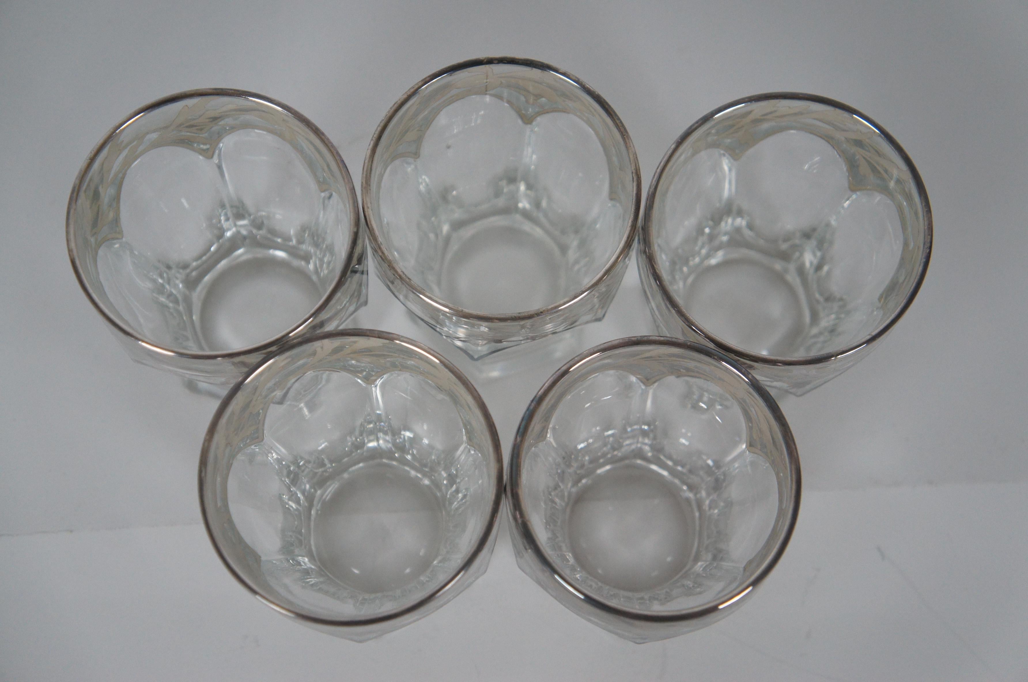 20th Century 5 Dorothy Thorpe Low Ball Glasses Tumblers Floral Silver Overlay Art Nouveau