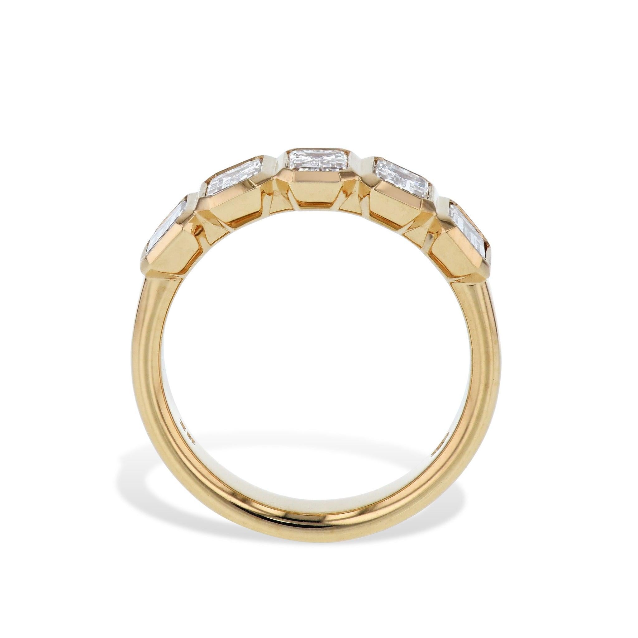 This sophisticated 18kt Yellow Gold Ring features a design that radiates elegance and finesse. It showcases 5 luminous Emerald Cut Diamonds, each with an average weight of 0.38ct, bezel set to perfection. Handmade by H&H Jewels, this ring is perfect