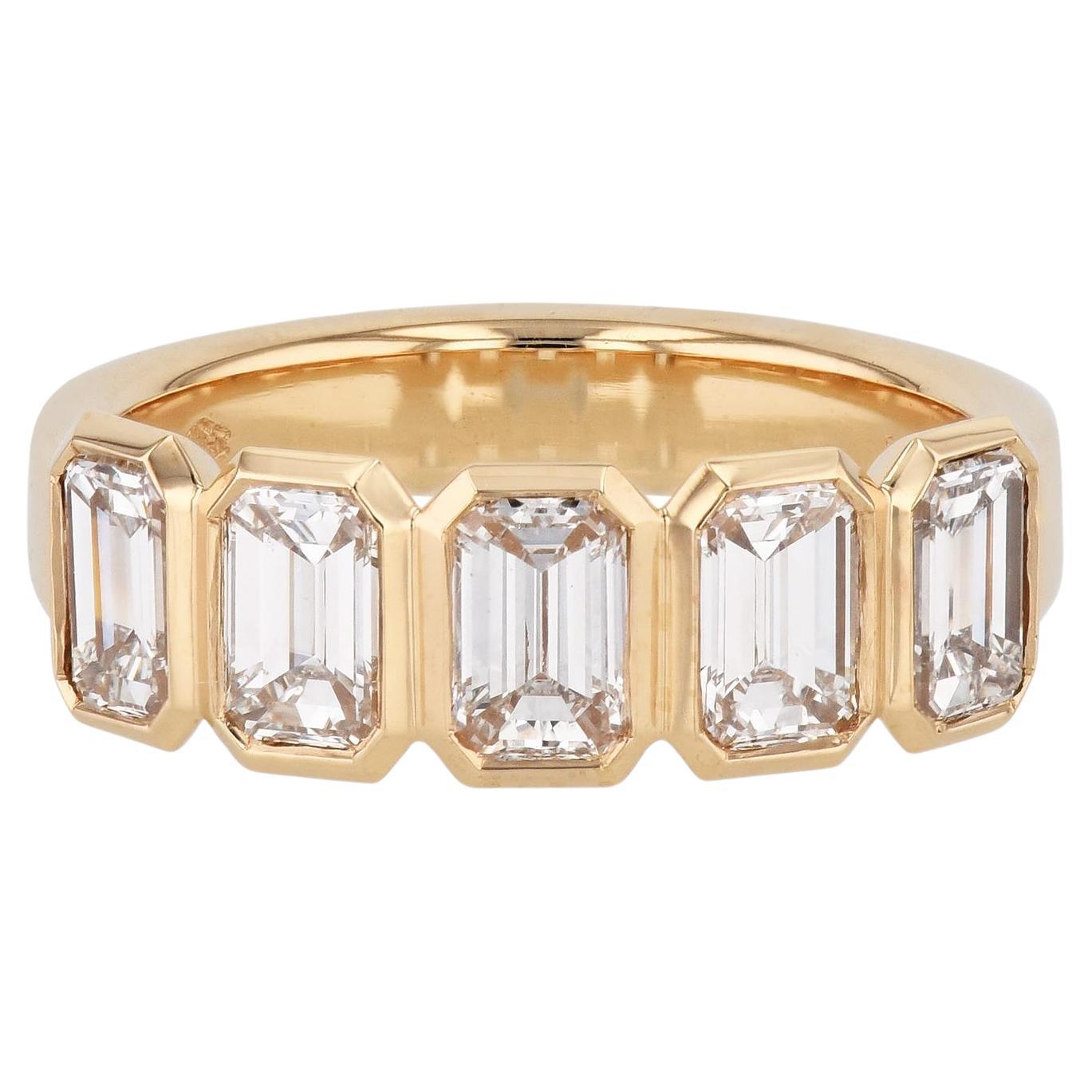 5 Emerald Cut Diamond Yellow Gold Anniversary Ring Handmade For Sale
