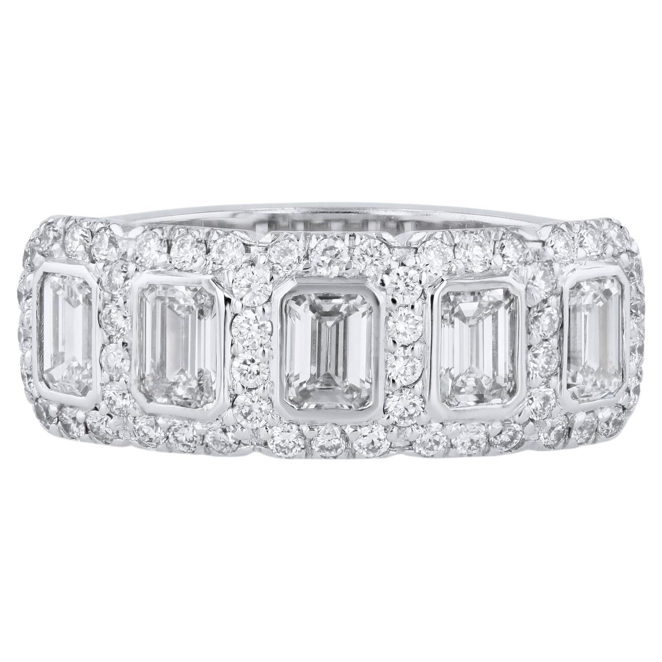 5 Emerald Cut Diamonds and Pave Platinum Anniversary Ring For Sale