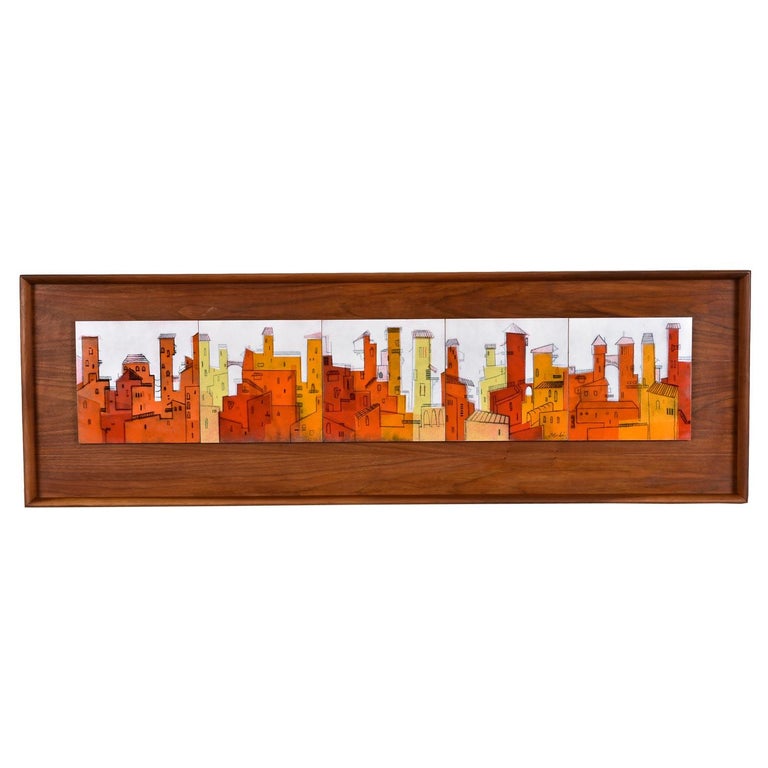 5Foot Oleski MidCentury Copper Enamel Tile Cityscape Teak Framed Wall