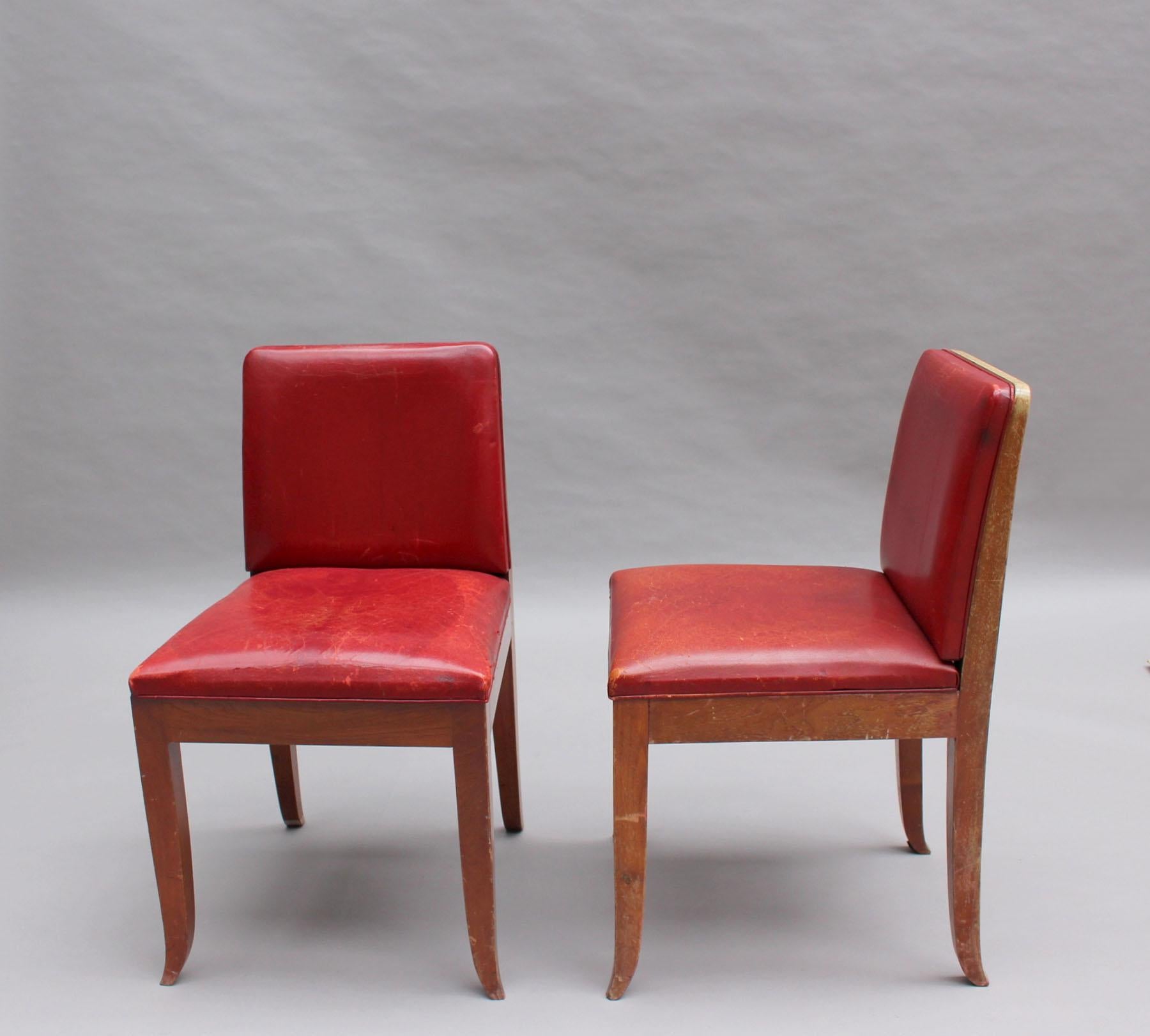 Leather 5 French Art Deco Mahogany Side Chairs For Sale