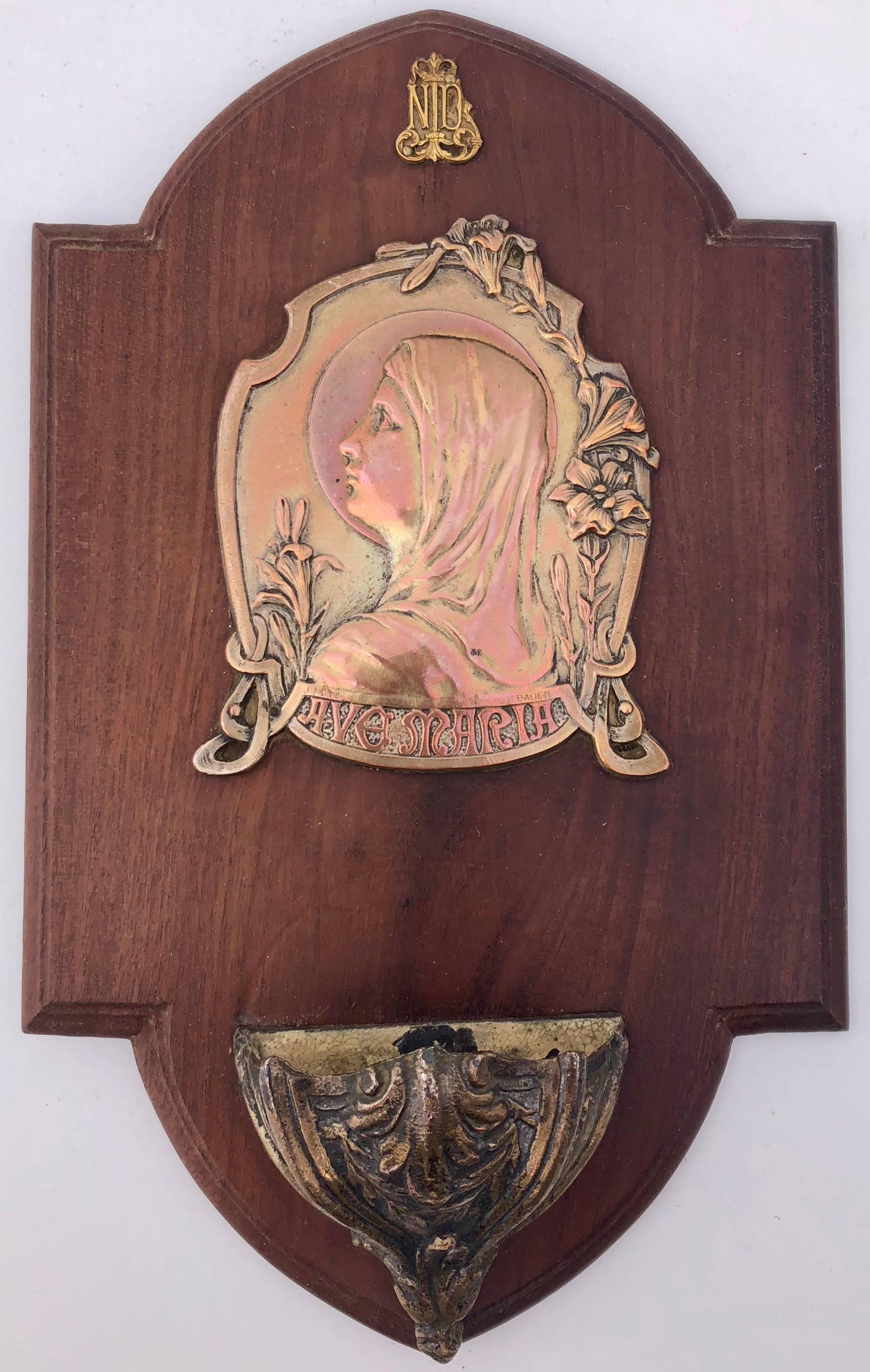 Five French Holy Water Fonts with Metal Medallion and Commemorative Plaques In Good Condition For Sale In Petaluma, CA