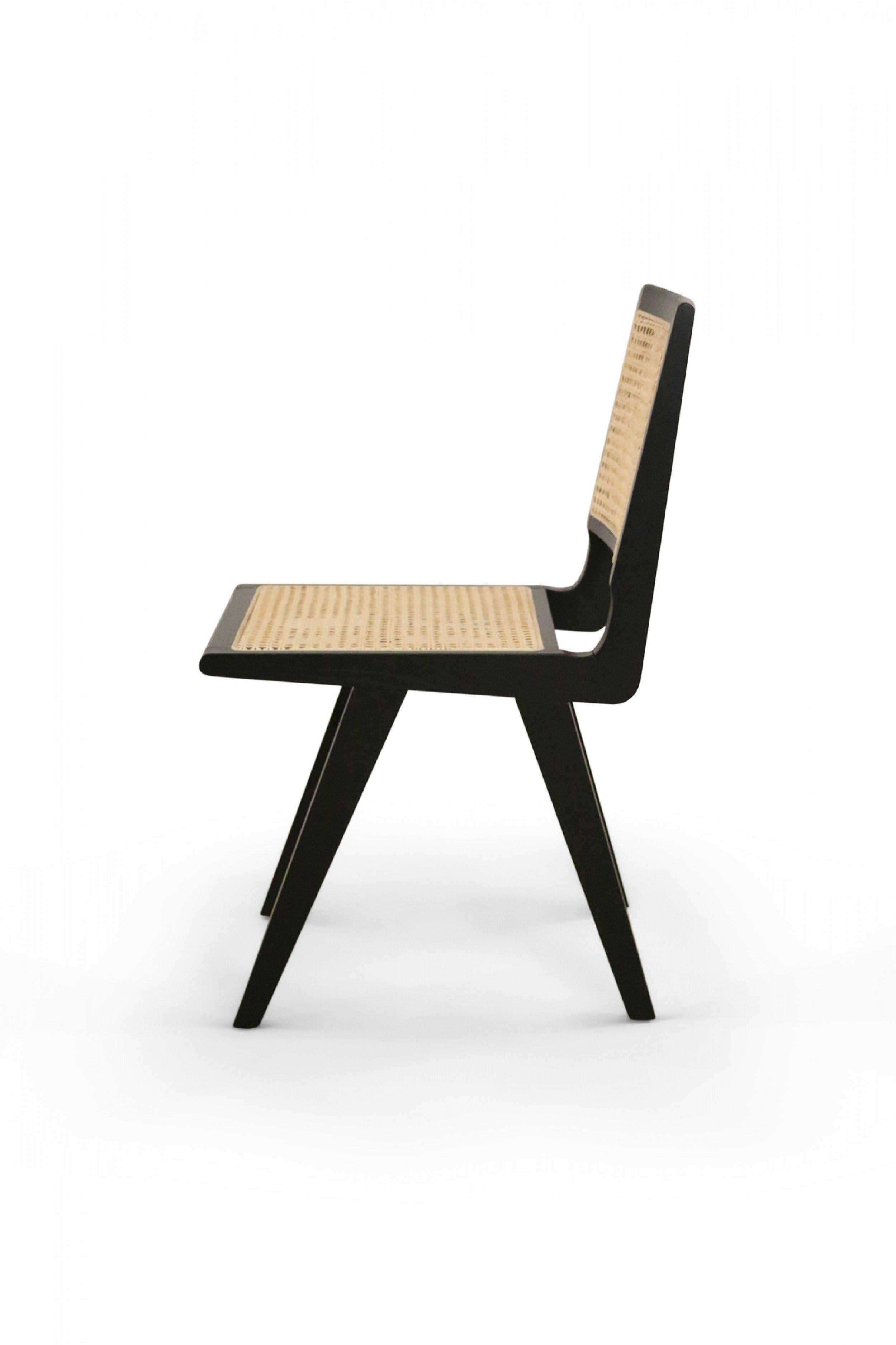 5 French Mid-Century Black Finished Wood and Cane Dining Chairs For Sale 4