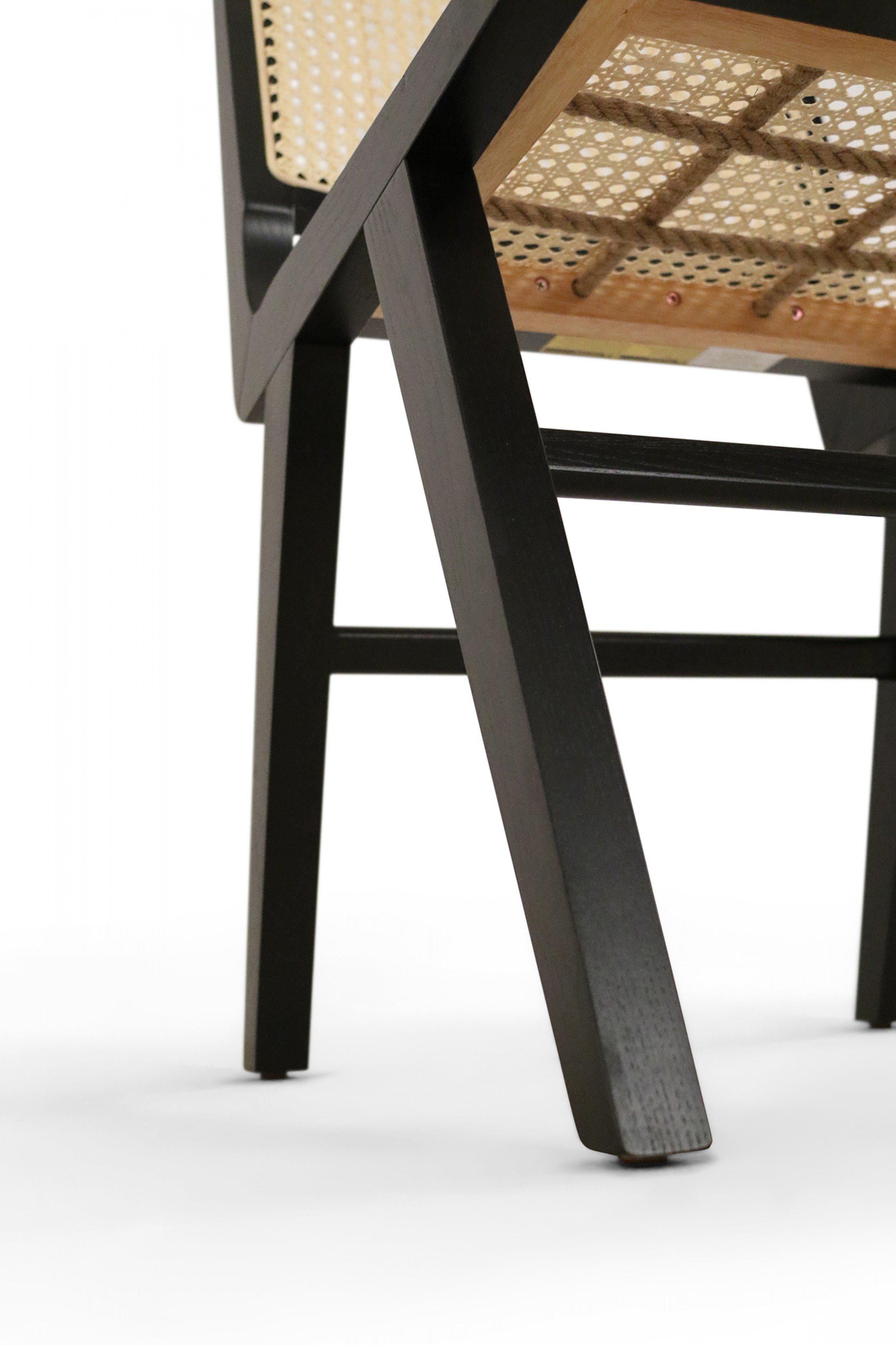 5 French Mid-Century Black Finished Wood and Cane Dining Chairs For Sale 5