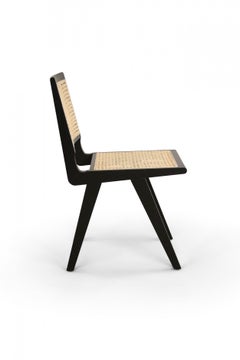 1950s French Mid-Century Dining Chair, Black Frame, Cane Seat