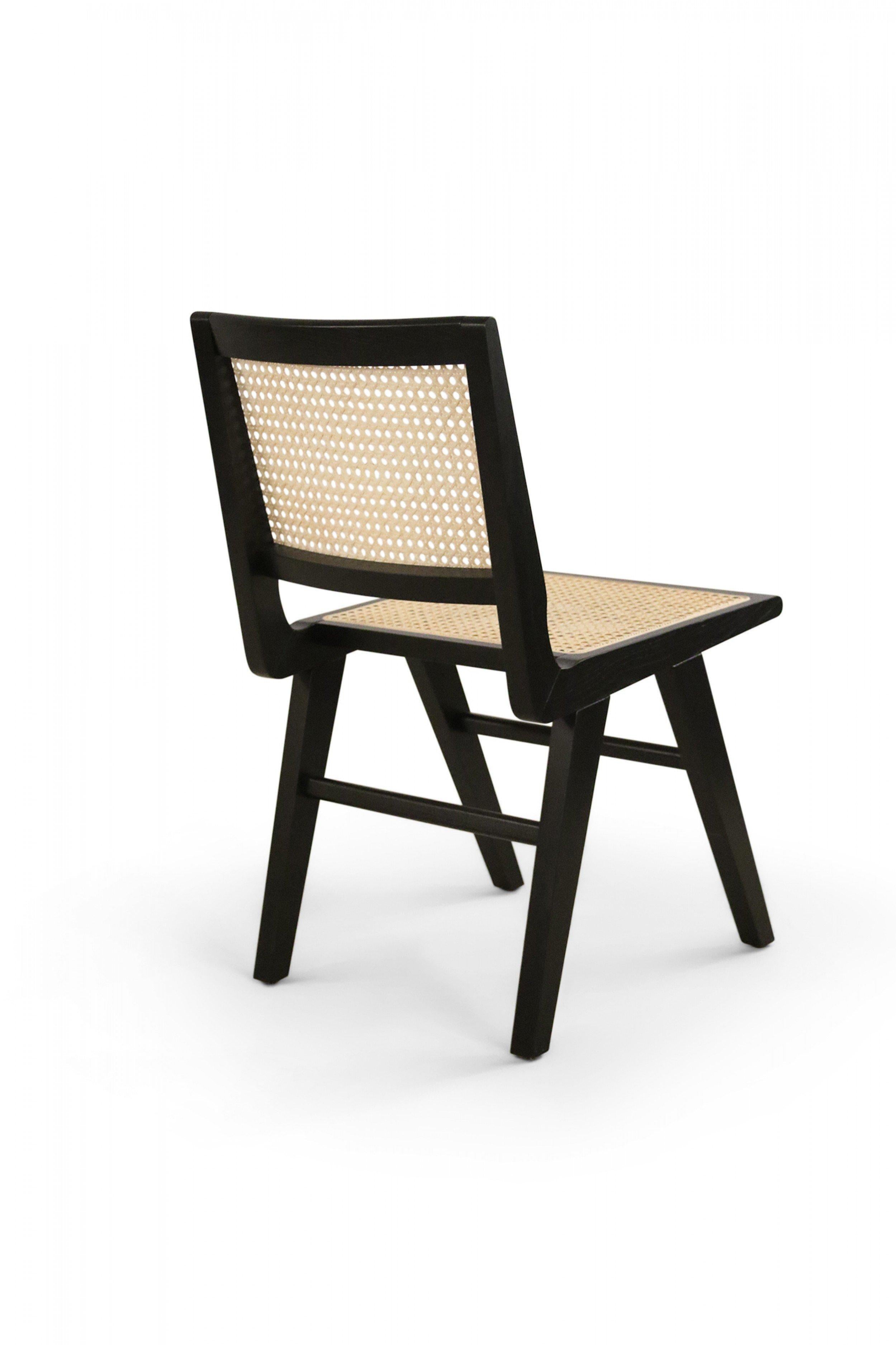 Mid-Century Modern 5 French Mid-Century Black Finished Wood and Cane Dining Chairs For Sale