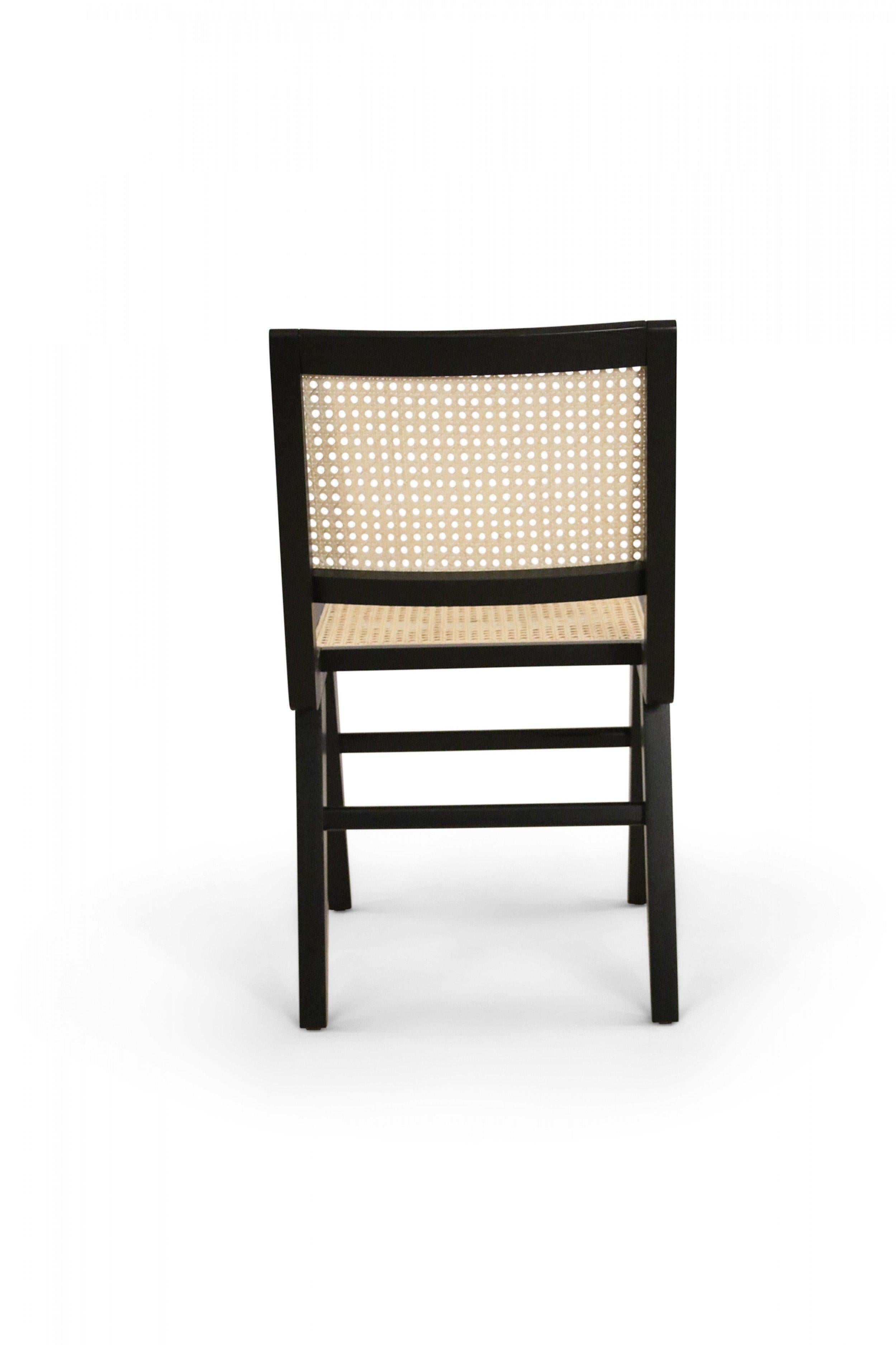 Hand-Crafted 5 French Mid-Century Black Finished Wood and Cane Dining Chairs For Sale