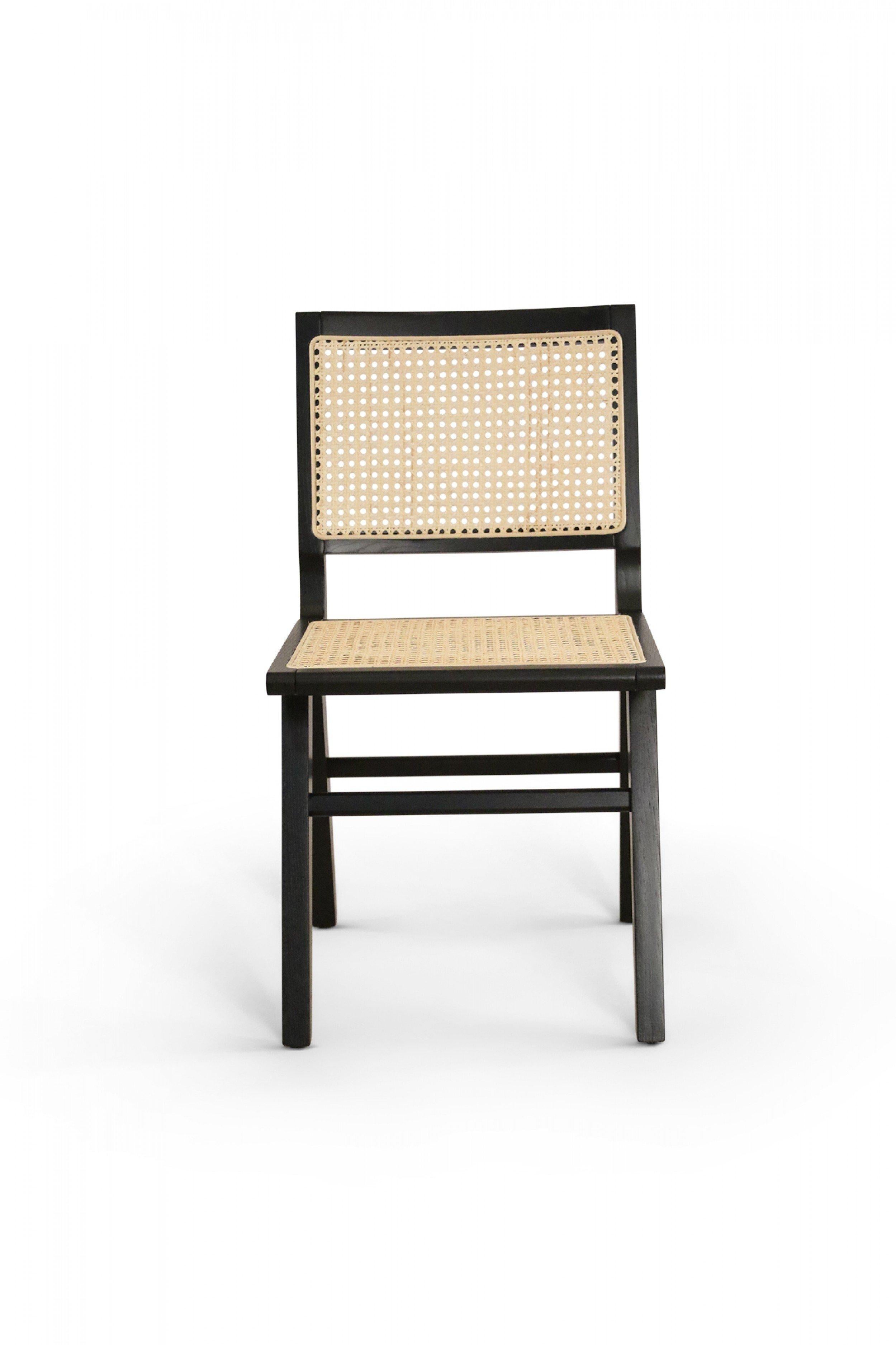 20th Century 5 French Mid-Century Black Finished Wood and Cane Dining Chairs For Sale