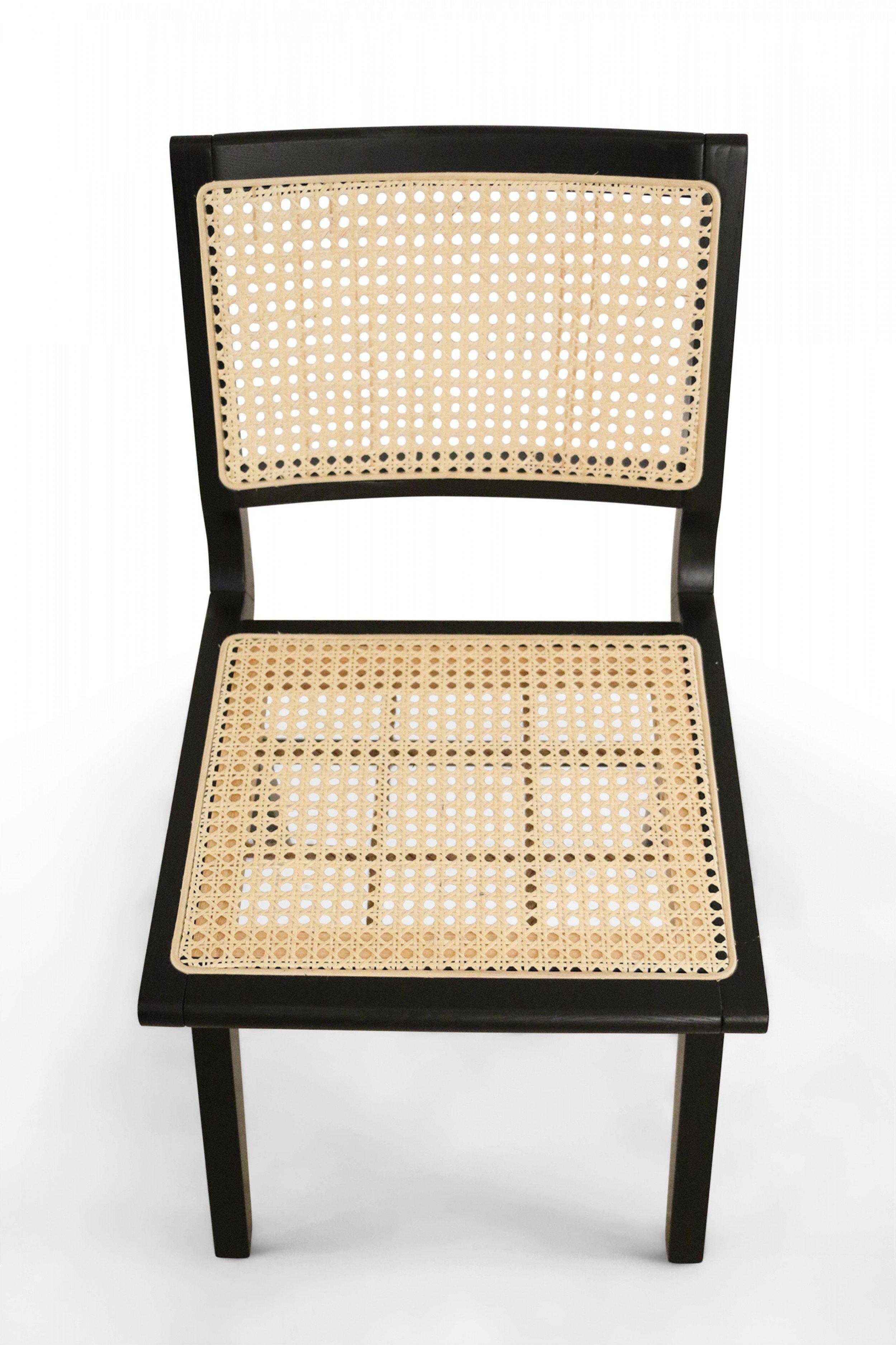 5 French Mid-Century Black Finished Wood and Cane Dining Chairs For Sale 3