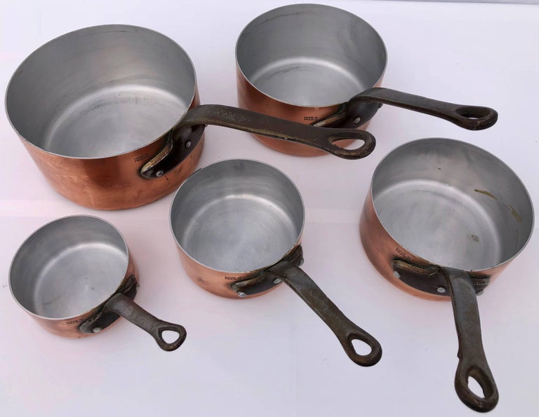 20th Century 5 French Professional Grade Graduated Copper Pans, Wrought Iron Handles, 1950's For Sale