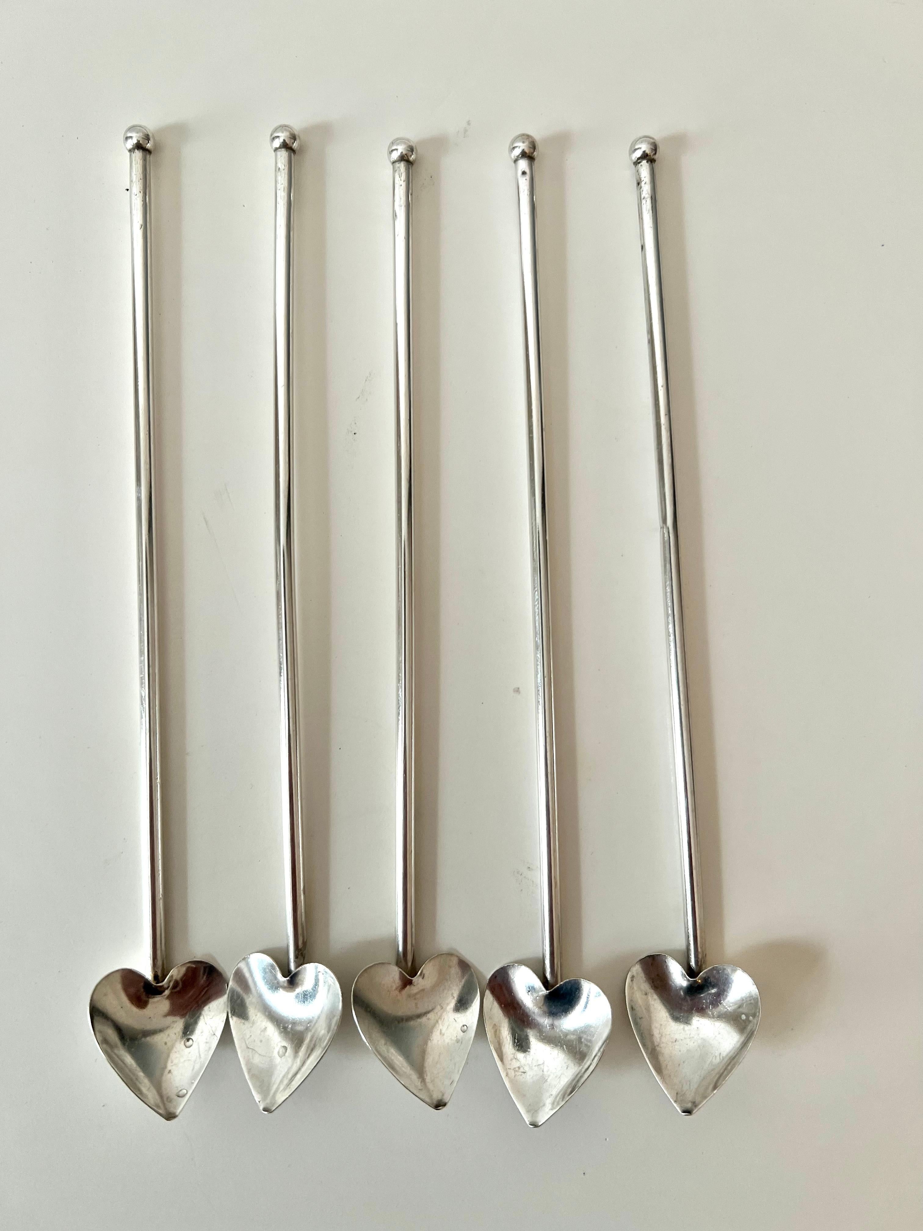 5 French Sterling Tea Spoons with Heart Shape For Sale 4