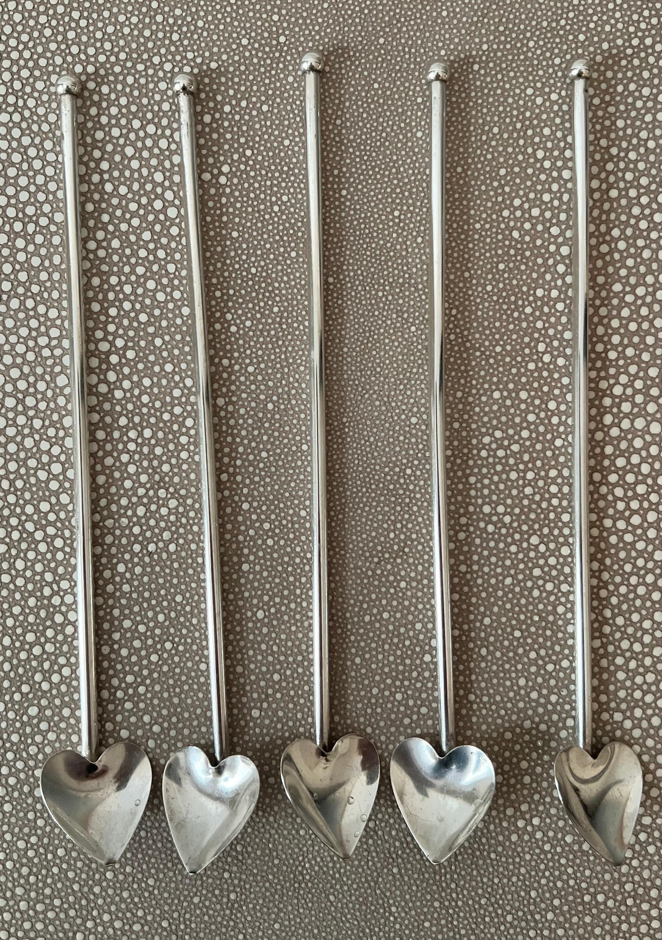 Mid-Century Modern 5 French Sterling Tea Spoons with Heart Shape For Sale