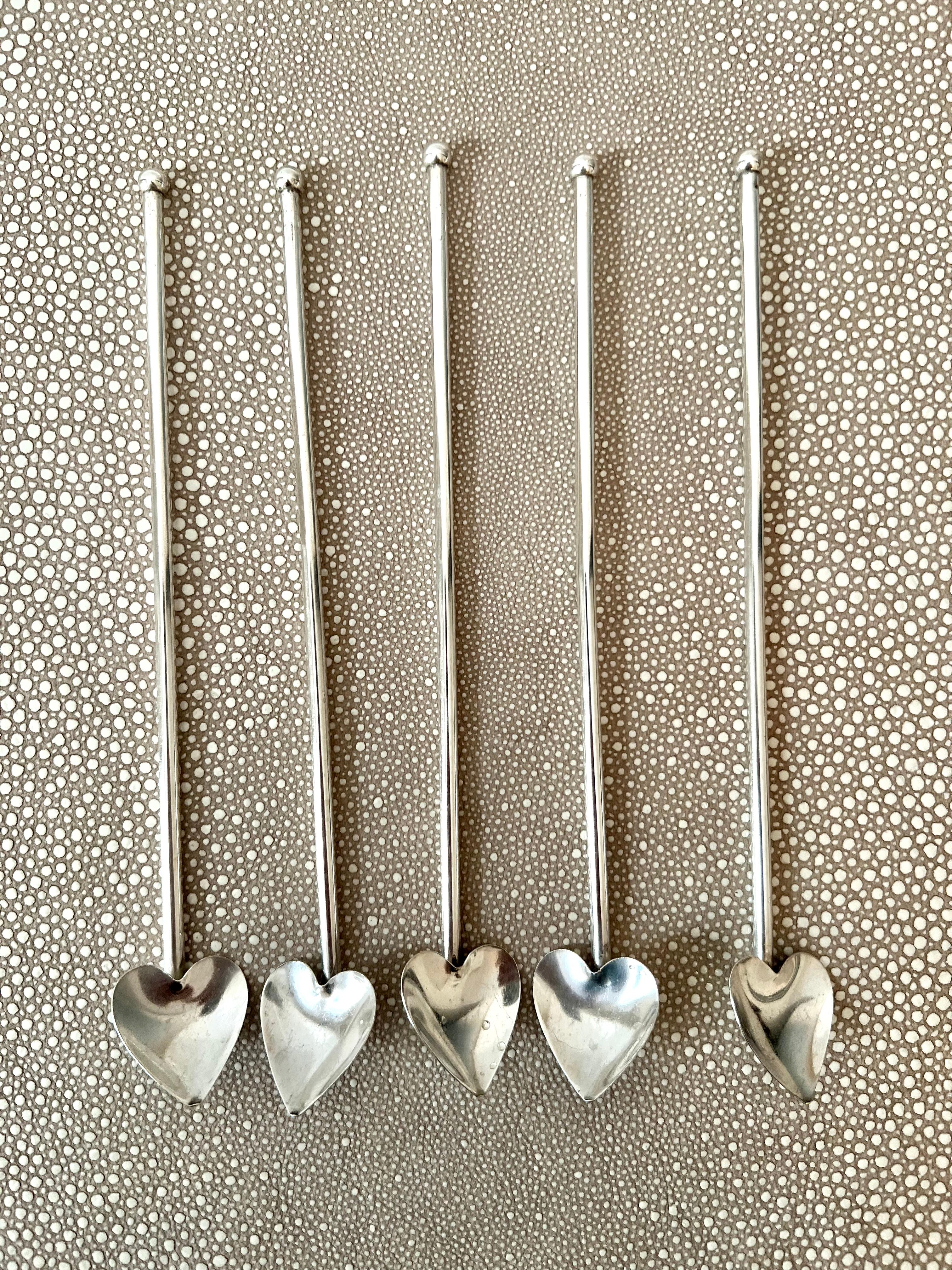Hand-Crafted 5 French Sterling Tea Spoons with Heart Shape For Sale