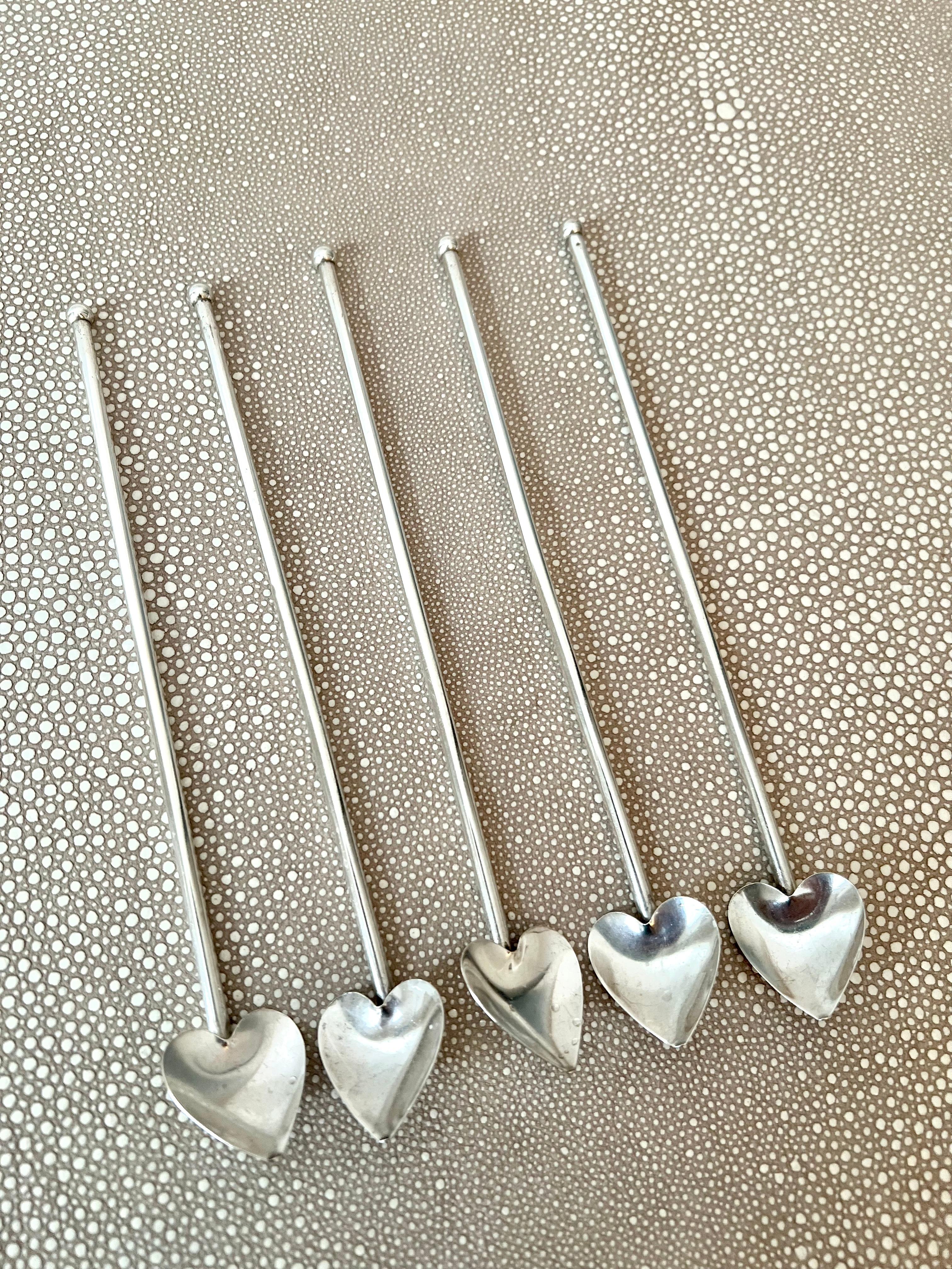 5 French Sterling Tea Spoons with Heart Shape In Good Condition For Sale In Los Angeles, CA