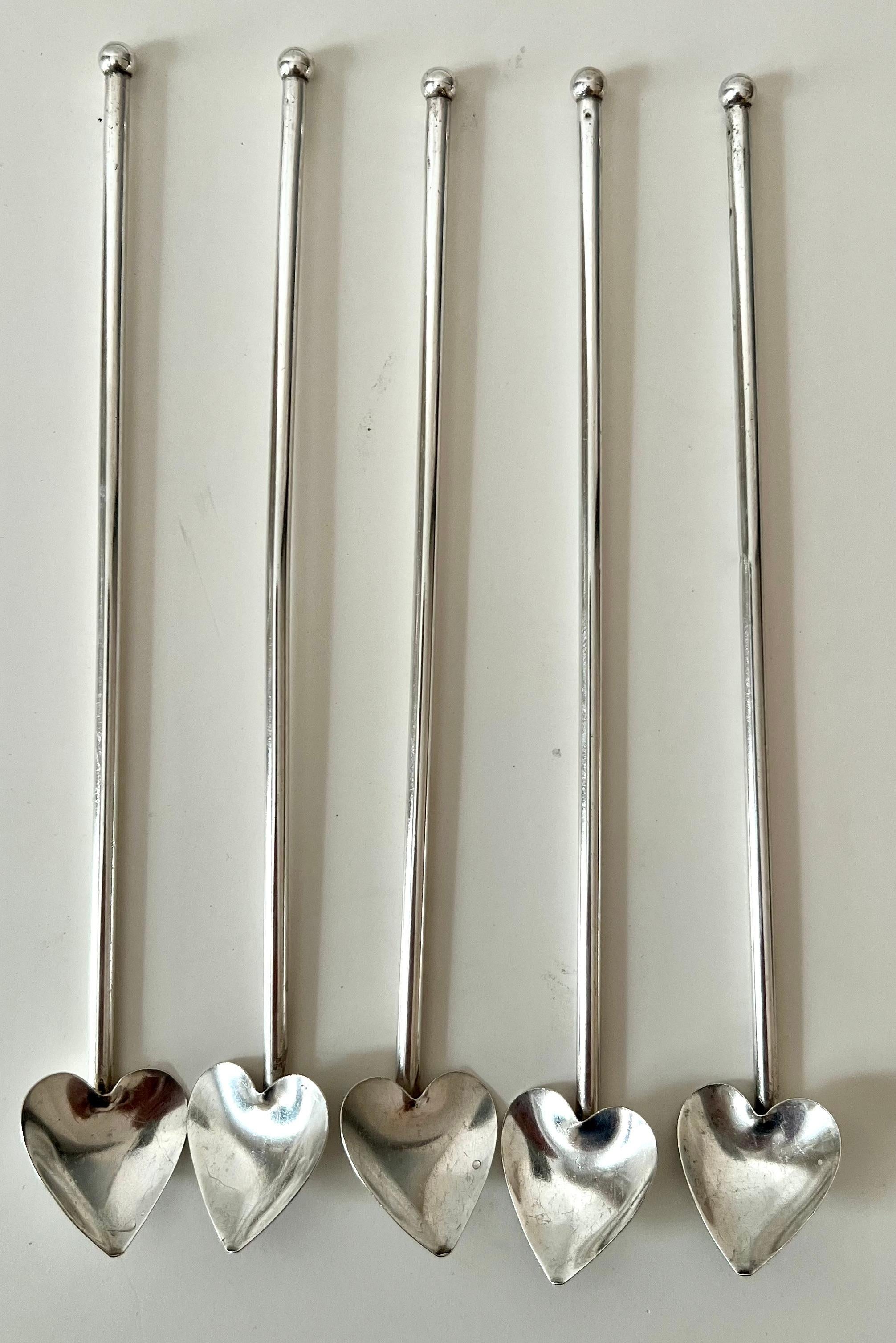 Sterling Silver 5 French Sterling Tea Spoons with Heart Shape For Sale