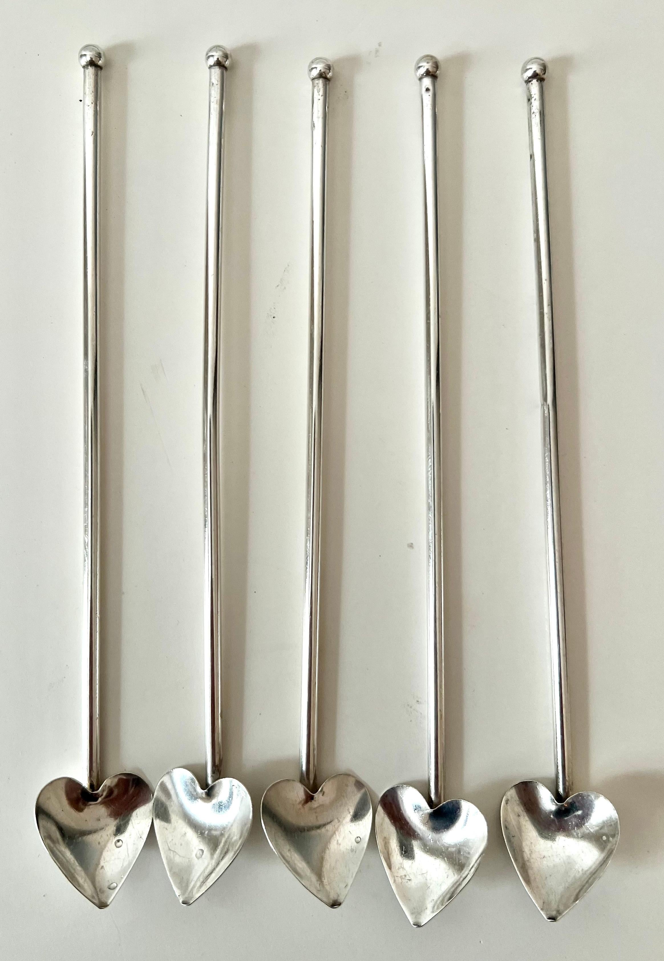 5 French Sterling Tea Spoons with Heart Shape For Sale 1