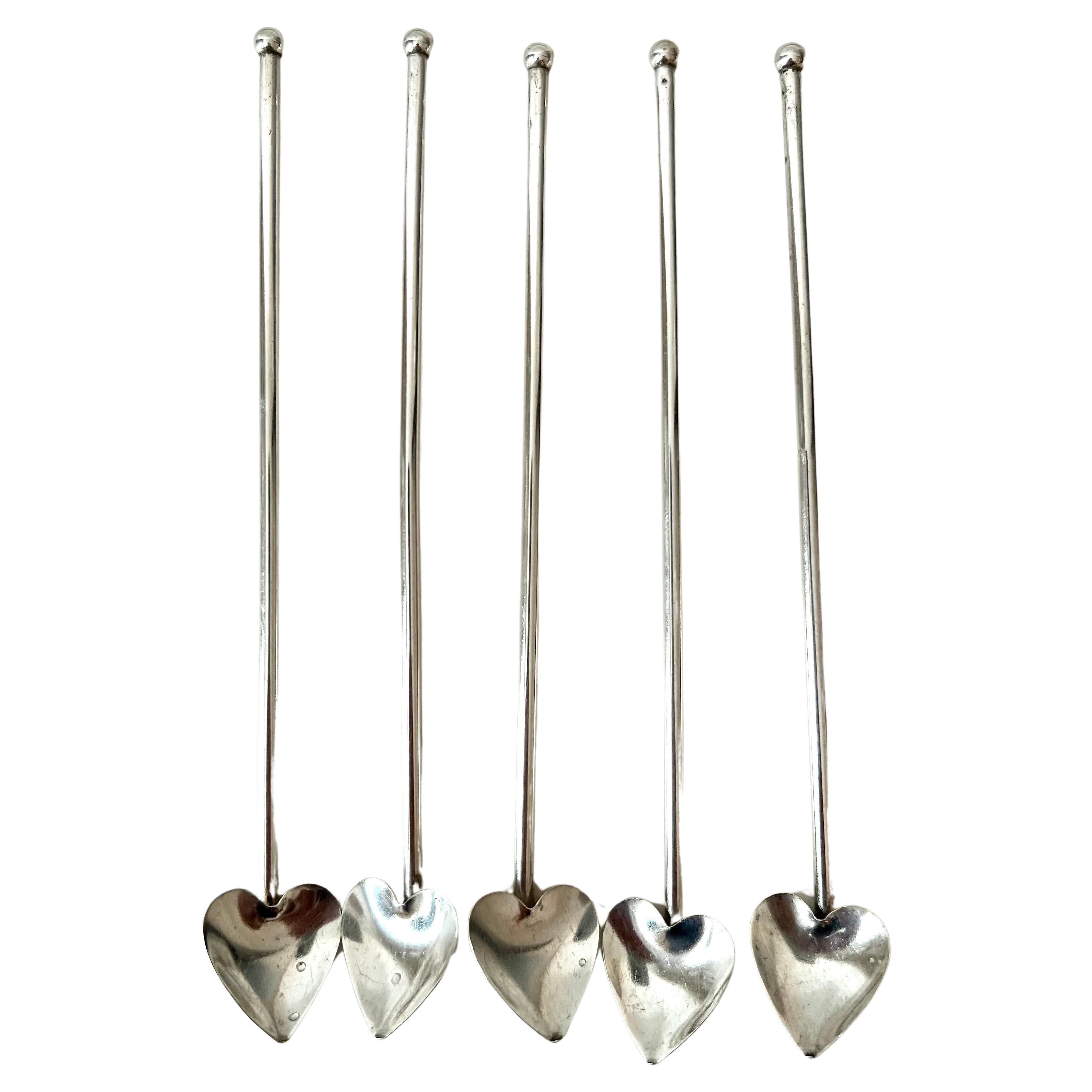 5 French Sterling Tea Spoons with Heart Shape For Sale