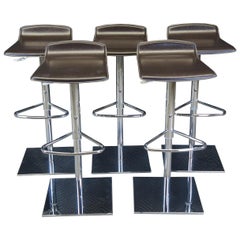 5 Frontgate Modern Contoured Brown Leather & Chrome Adjustable Piston Bar Stools