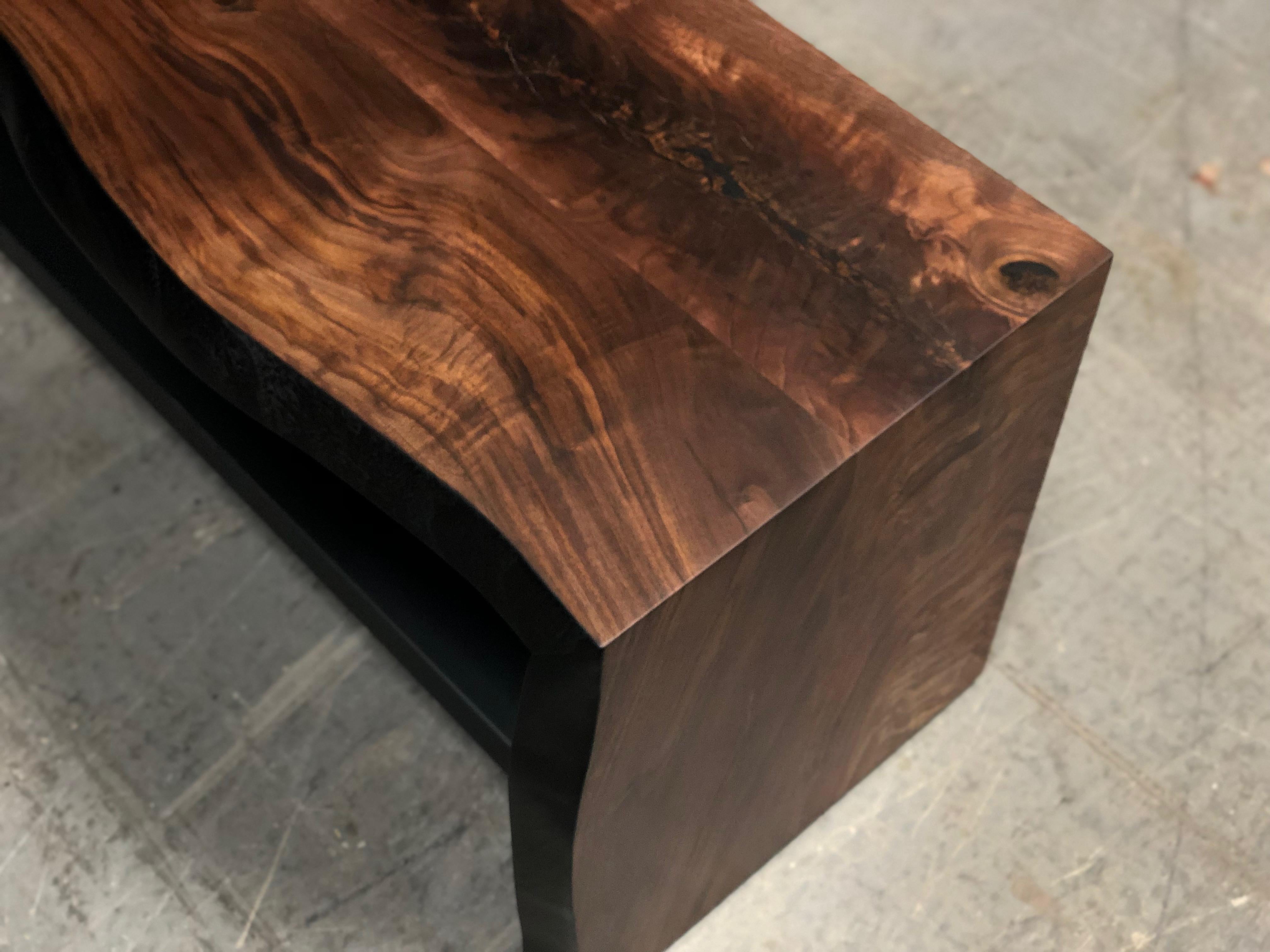 Our 5 ft live edge entryway/ porches waterfall wood bench is handmade to order from hand selected high figured Ambrosia maple slab. Our very unique wood oxidation process give a deep smoky color to the Ambrosia Maple. It has an hand rubbed natural
