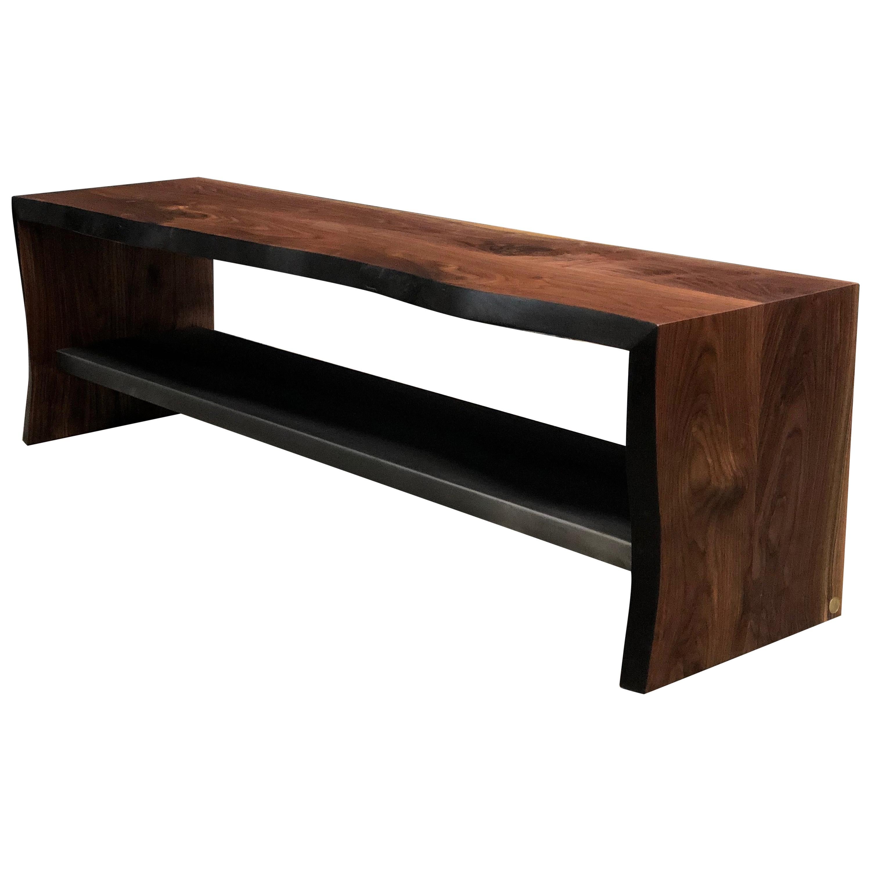 5ft Live Edge Wood Bench, by Ambrozia, Solid Walnut and Blackened Steel For Sale