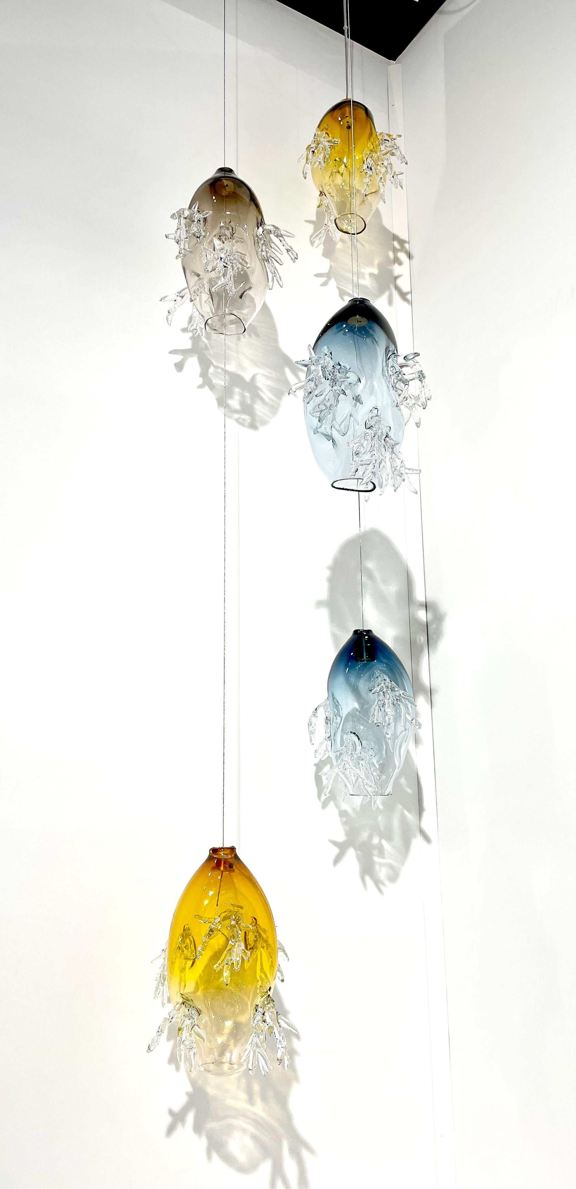 5 Glass Spheres Dryade Chandelier by Emilie Lemardeley
Unique Piece
Dimensions: Ø 60 x H 300 cm. 
Materials: Hand-blown glass and brass.

The height of this chandelier can be customized from 300 to 1000 cm. Please contact us.

All our lamps can be