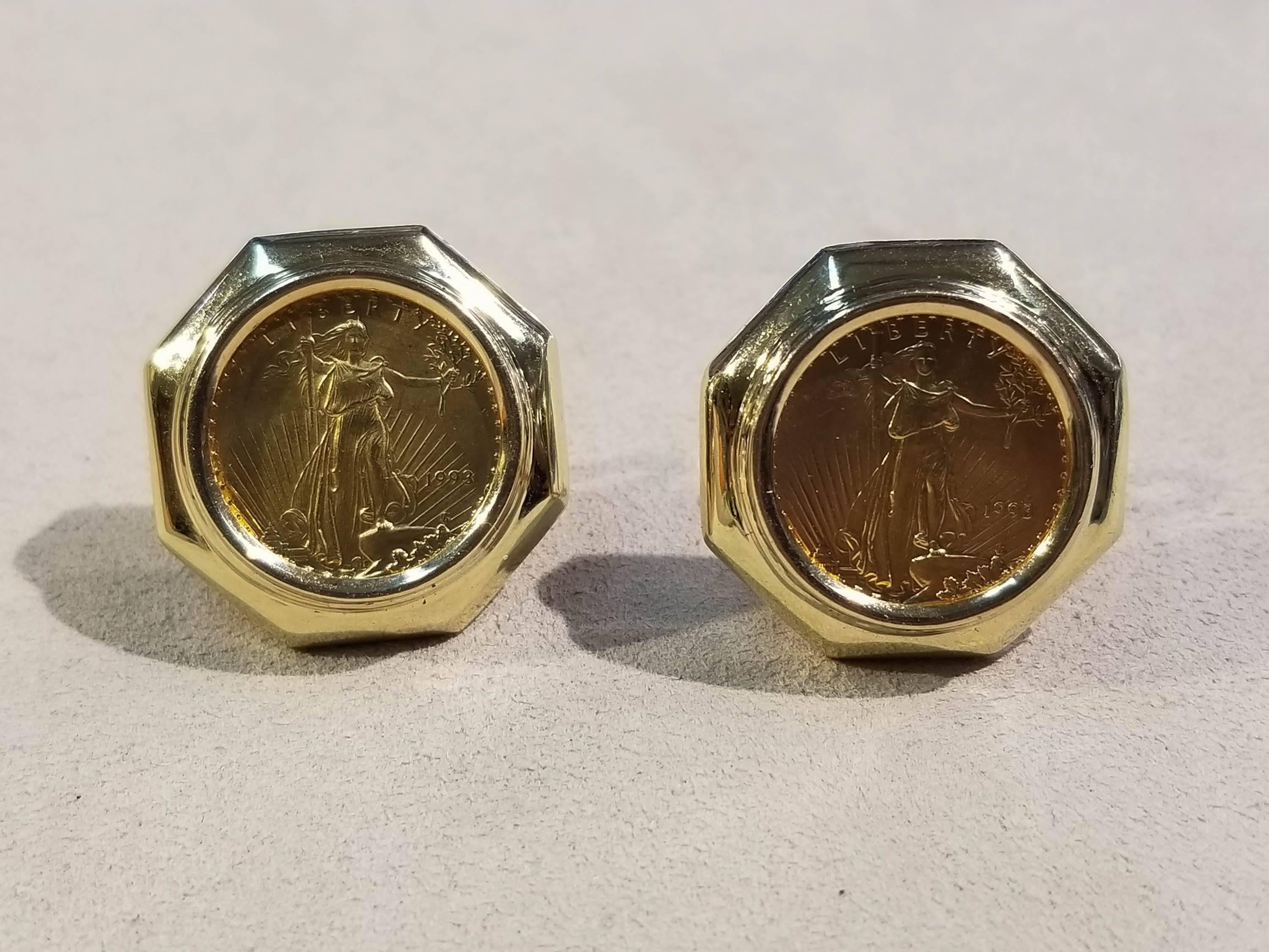 $5 Gold Coin Earrings, 22kt US 1993.
22kt Yellow Gold, $5 Gold Coins, 14kt Yellow Gold Mounting.