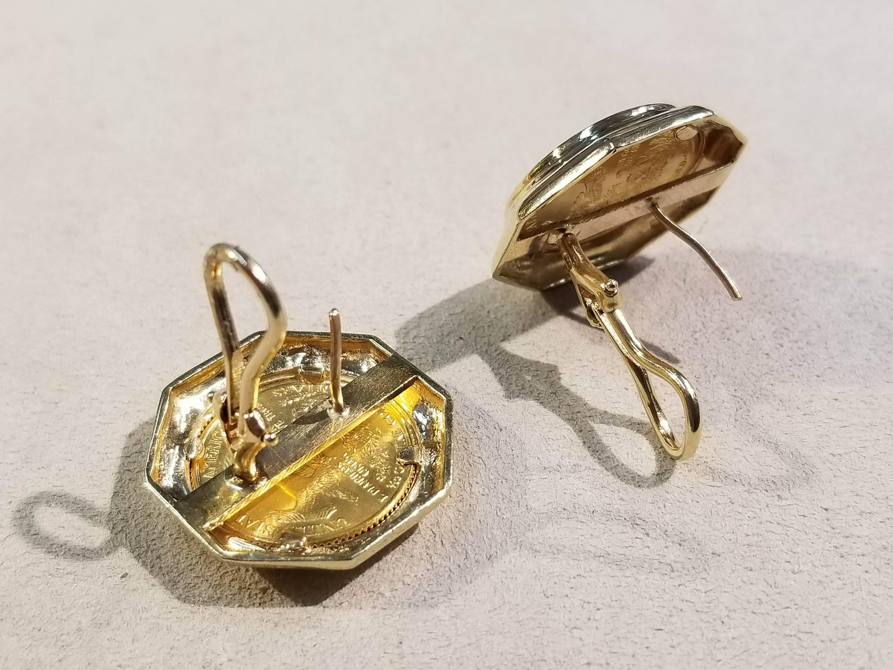 Women's $5 Gold Coin Earrings, 22 Karat US, 1993 For Sale