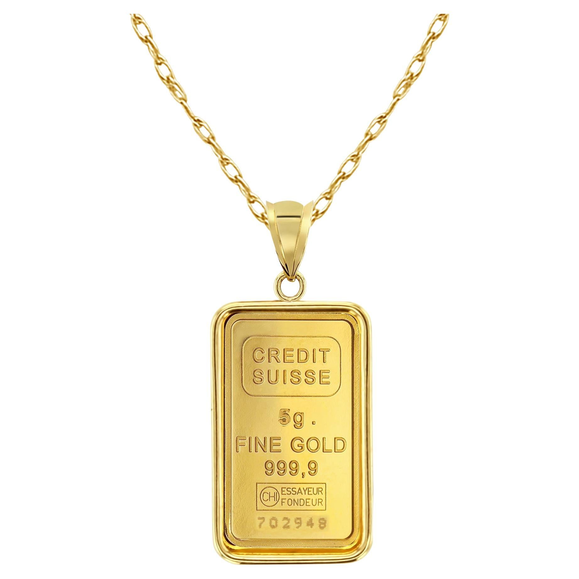 5 Gram Credit Suisse Gold Bar with Polished Bezel Necklace For Sale